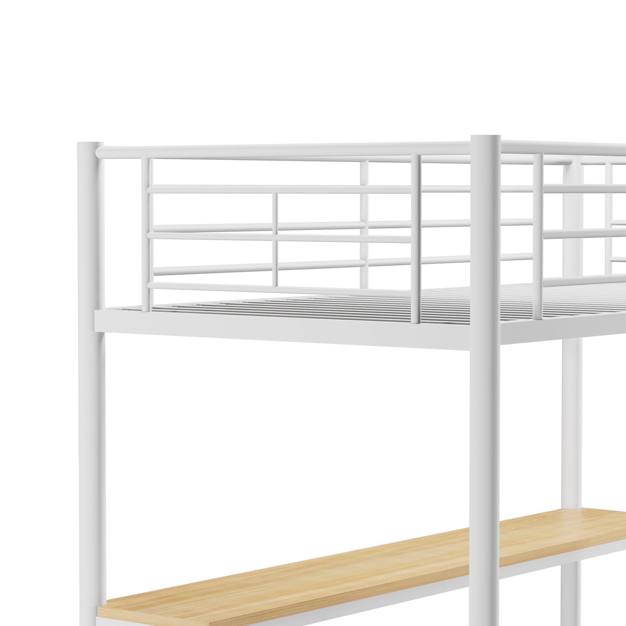 Alt View 1. Vecelo - Twin Loft Bed with Desk, Metal Frame with Guardrails, Noise-Free Slats, Reversible Ladder, Space-Saving Design - Nature White.