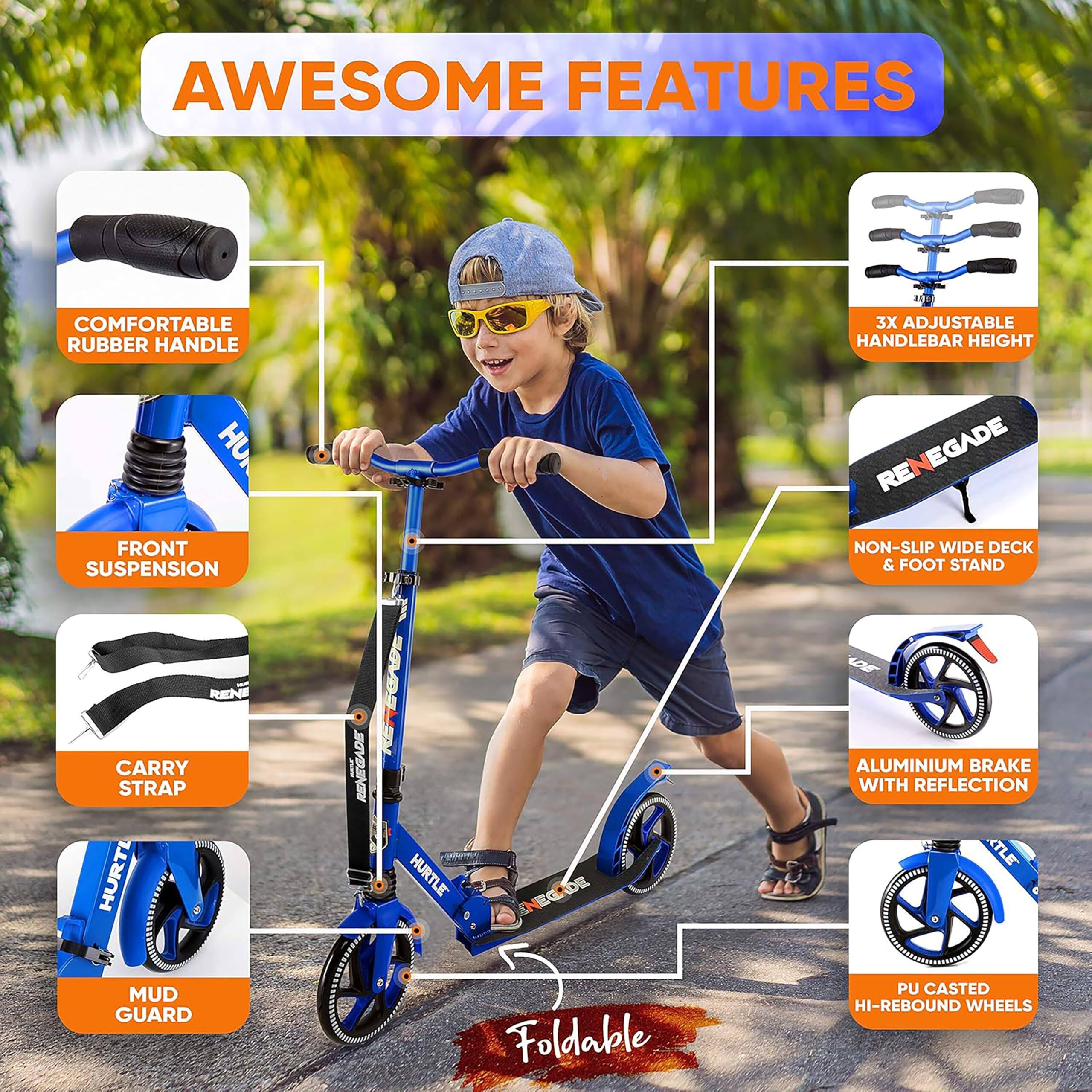 AWESOME FEATURES

- COMFORTABLE RUBBER HANDLE
- FRONT SUSPENSION
- CARRY STRAP
- MUD GUARD
- 3X ADJUSTABLE HANDLEBAR HEIGHT
- NON-SLIP WIDE DECK & FOOT STAND
- ALUMINIUM BRAKE WITH REFLECTION
- PU CASTED HI-REBOUND WHEELS