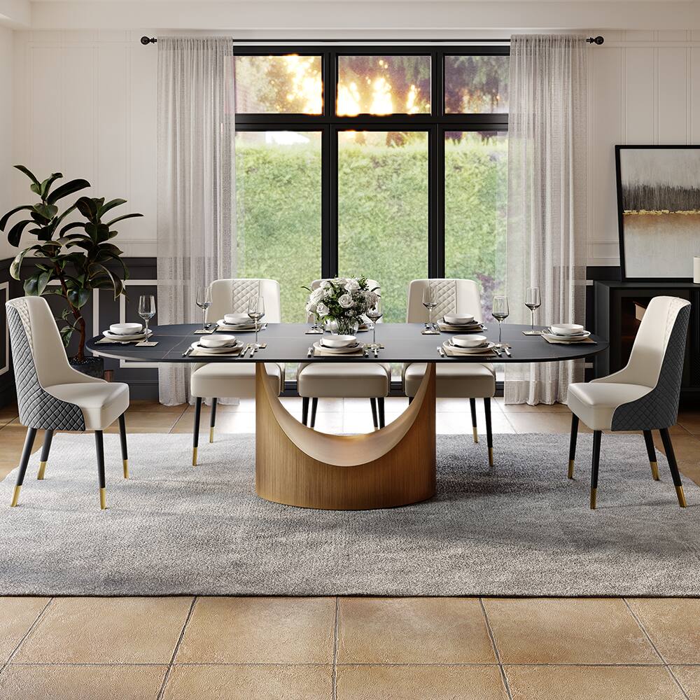 Angle. POVISON - 94"Hobart Modern Oval Dining Table for 8-10, Black Oval Matte Sintered Stone Kitchen Table, Bronze Carbon Steel Base - Black.