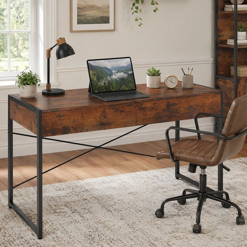 "WELLFOR - 44"" Industrial Computer Desk with 2-Drawer, Study Writing Desk with Steel Frame for Home Office - Brown" price history on PriceWatchPro