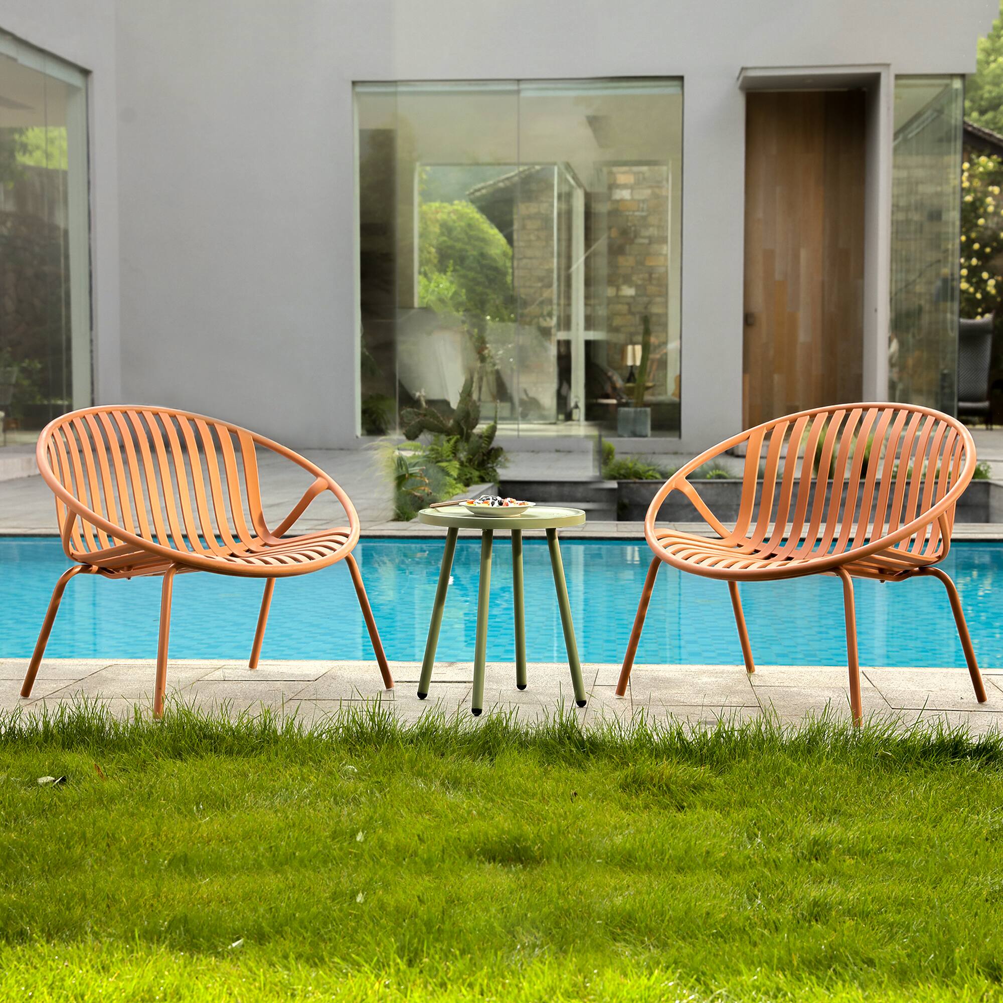 Front. Werph - Werph 3 Pieces Patio Furniture Set - Green Table and Orange Chairs.