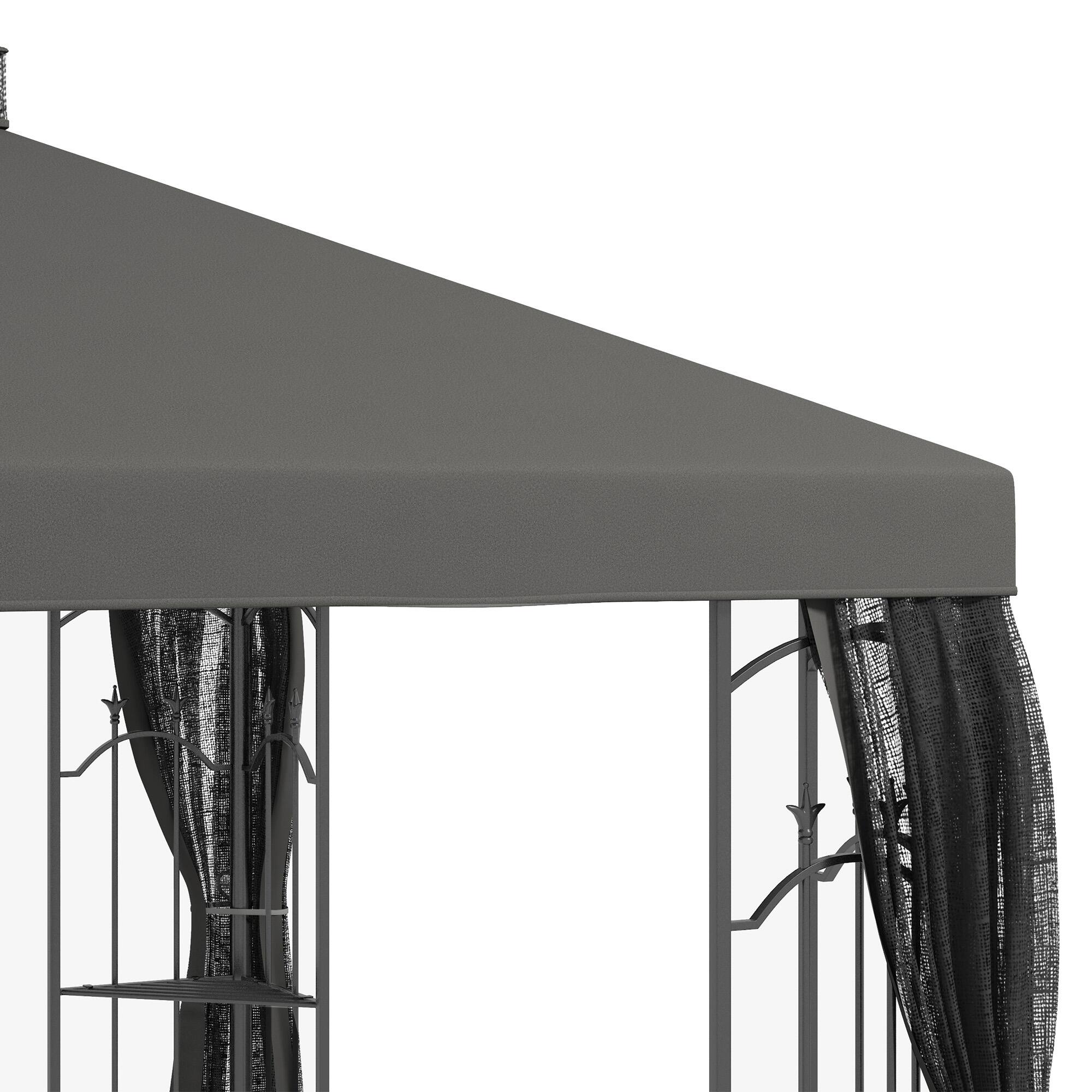 Alt View 5. Outsunny - 10' x 12' Patio Gazebo with Corner Frame Shelves, Double Roof Outdoor Gazebo Canopy Shelter with Netting for Patio - Gray.