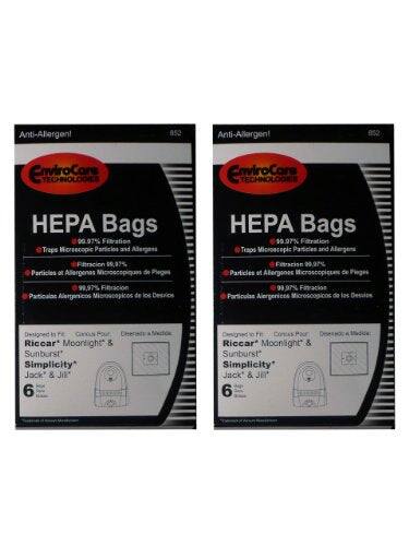 Anti-Allergen!  
852  
EnviroCare TECHNOLOGIES  
HEPA Bags  
99.97% Filtration Traps Microscopic Particles and Allergens  

99.97% Filtration Traps Microscopic Particles and Allergens  
99.97% Filtration Traps Microscopic Particles and Allergens  
99.97% Filtration Traps Microscopic Particles and Allergens  

Designed to Fit:  
Riccar Moonlight & Sunburst  
Simplicity Jack & Jill  

6