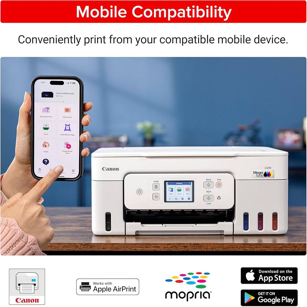Mobile Compatibility  
Conveniently print from your compatible mobile device.  

Canon  
Works with Apple AirPrint  
Download on the App Store  
GET IT ON Google Play