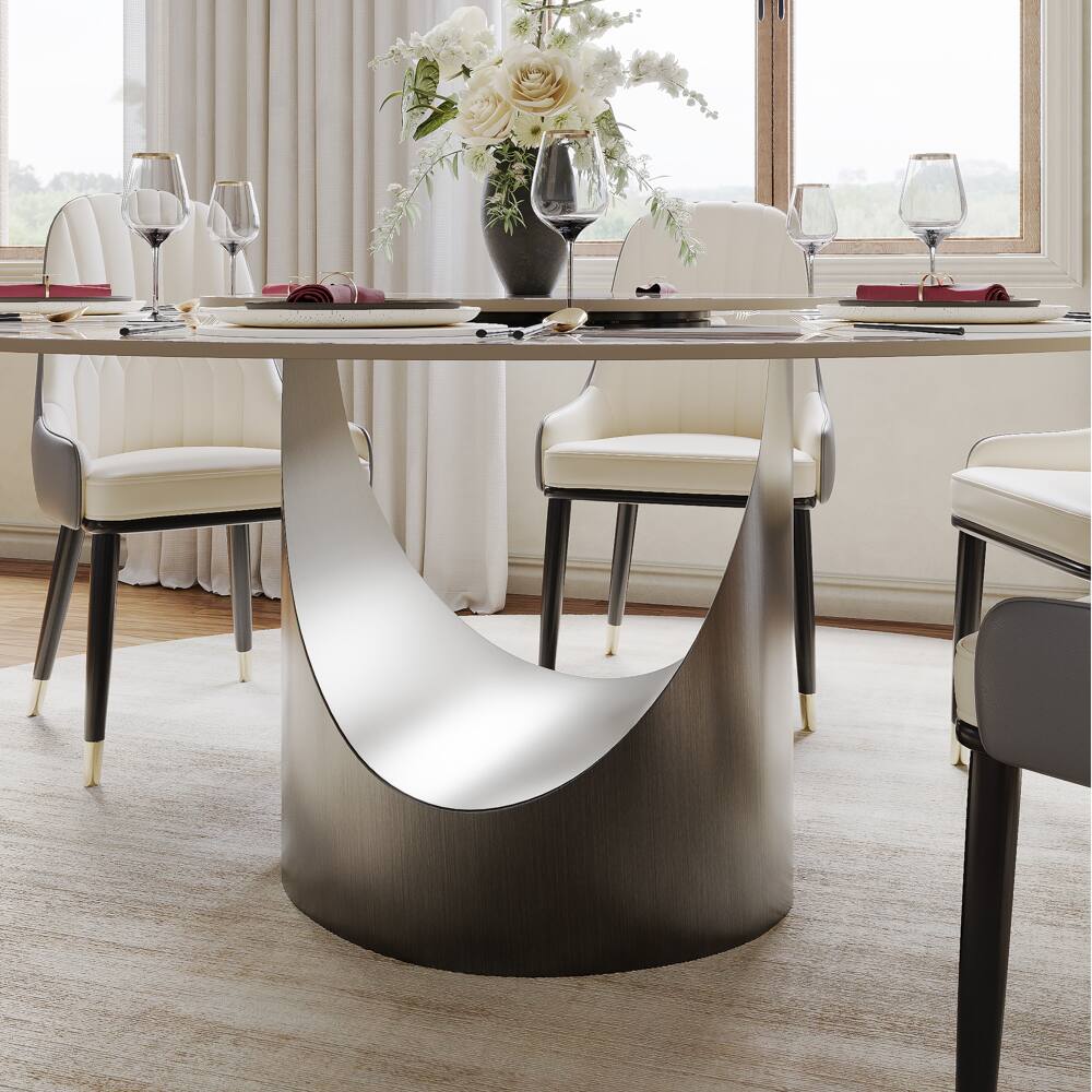 Alt View 2. POVISON - 51" Round Dining Table Pandora Glossy Sintered Stone with Gray U-shaped Steel Base - Pandora with Gray.