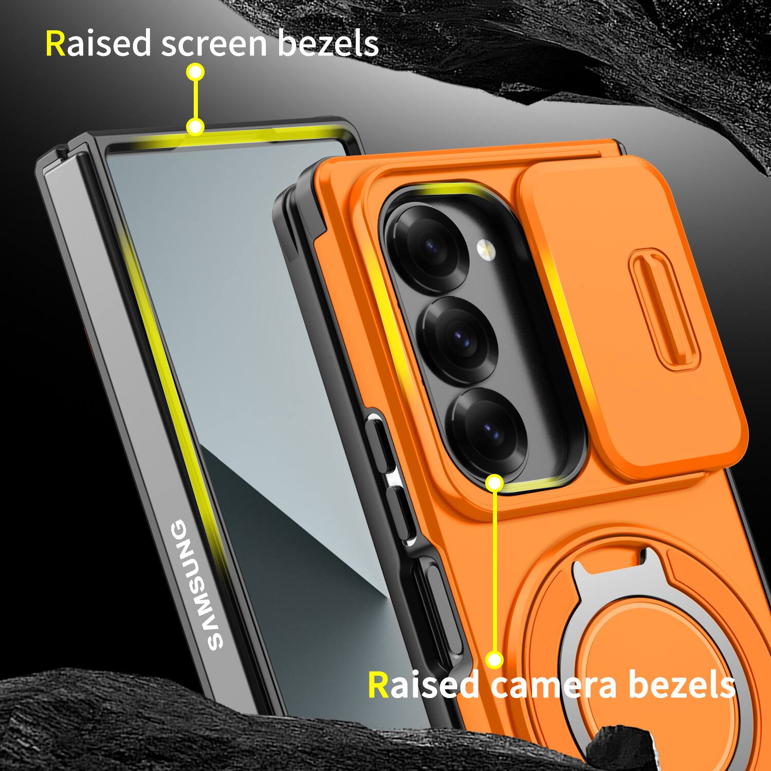 Raised screen bezels  
SAMSUNG  
Raised camera bezels