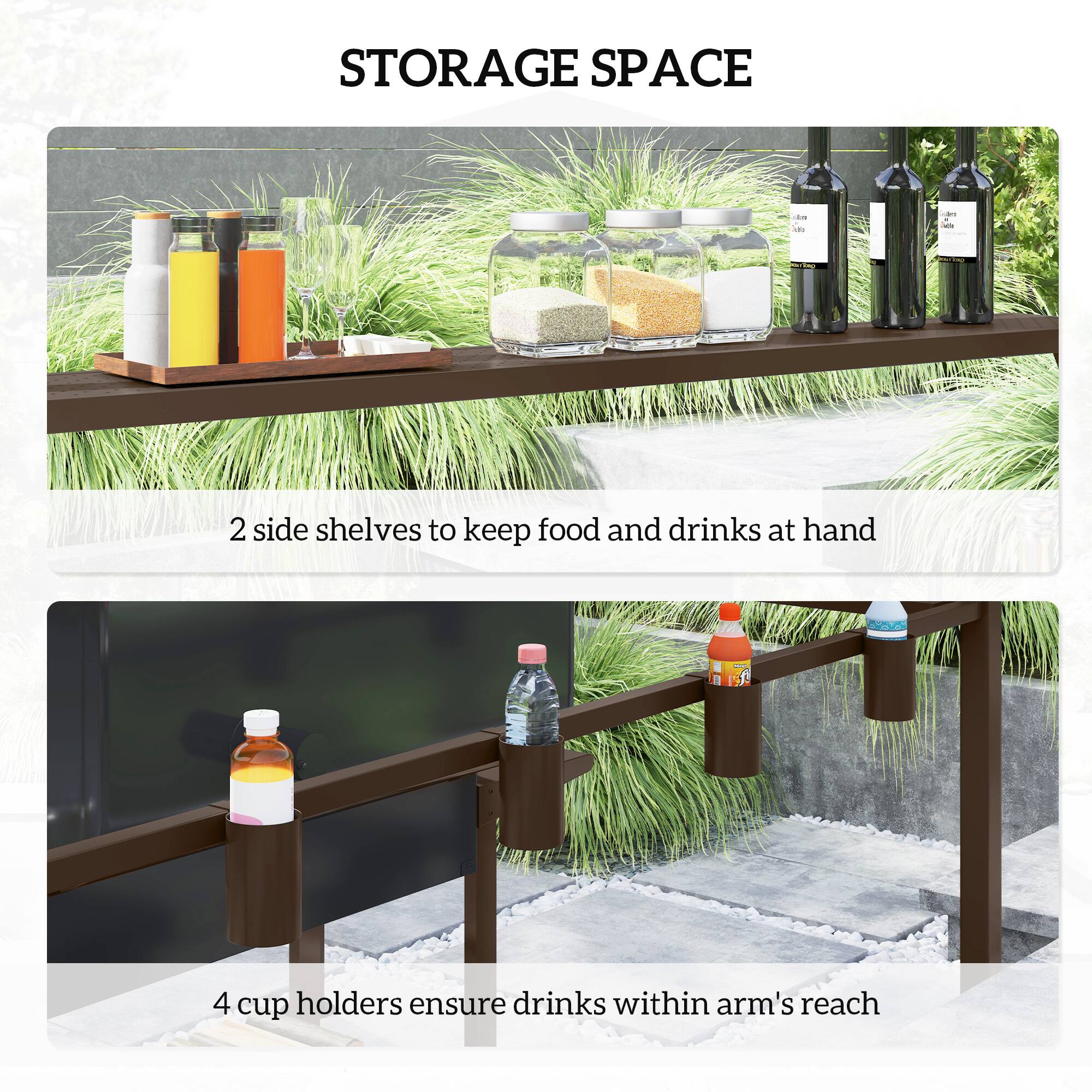 STORAGE SPACE

2 side shelves to keep food and drinks at hand

4 cup holders ensure drinks within arm's reach