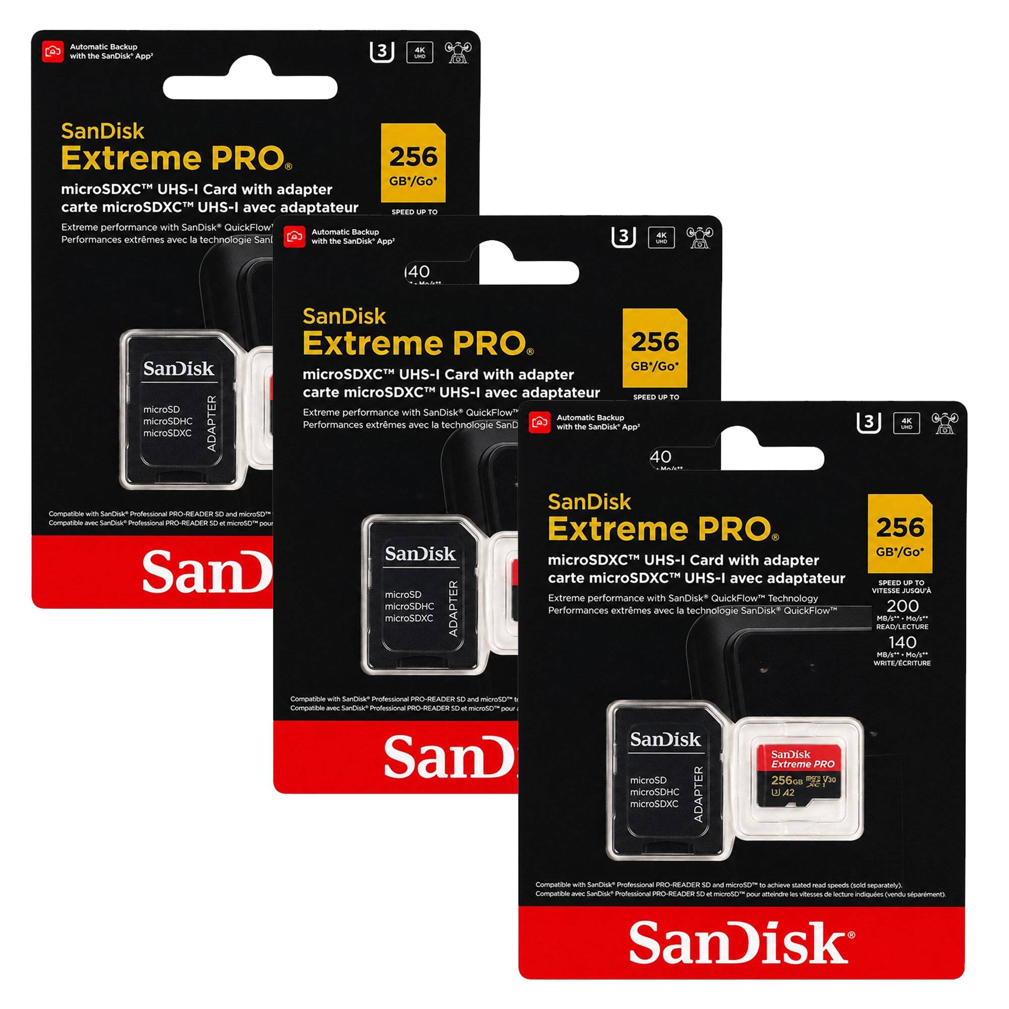 SanDisk Extreme PRO microSDXC™ UHS-I Card with adapter  
256 GB/Go  
Extreme performance with SanDisk® QuickFlow™ technology  
Automatic Backup with the SanDisk® App*  
40 MB/s READ  
140 MB/s WRITE  
Compatible with SanDisk® Professional PRO-READER 3D and microSD™  
SPEED UP TO 200 MB/s