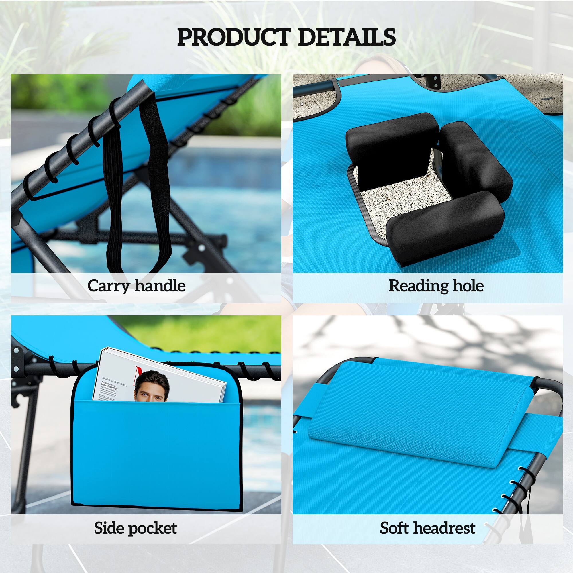 PRODUCT DETAILS

- Carry handle
- Reading hole
- Side pocket
- Soft headrest