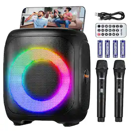 VEVOR - Karaoke Machine for Adults, 15W, 4-inch Portable Bluetooth Speaker with 2 Wireless Microphones - Black