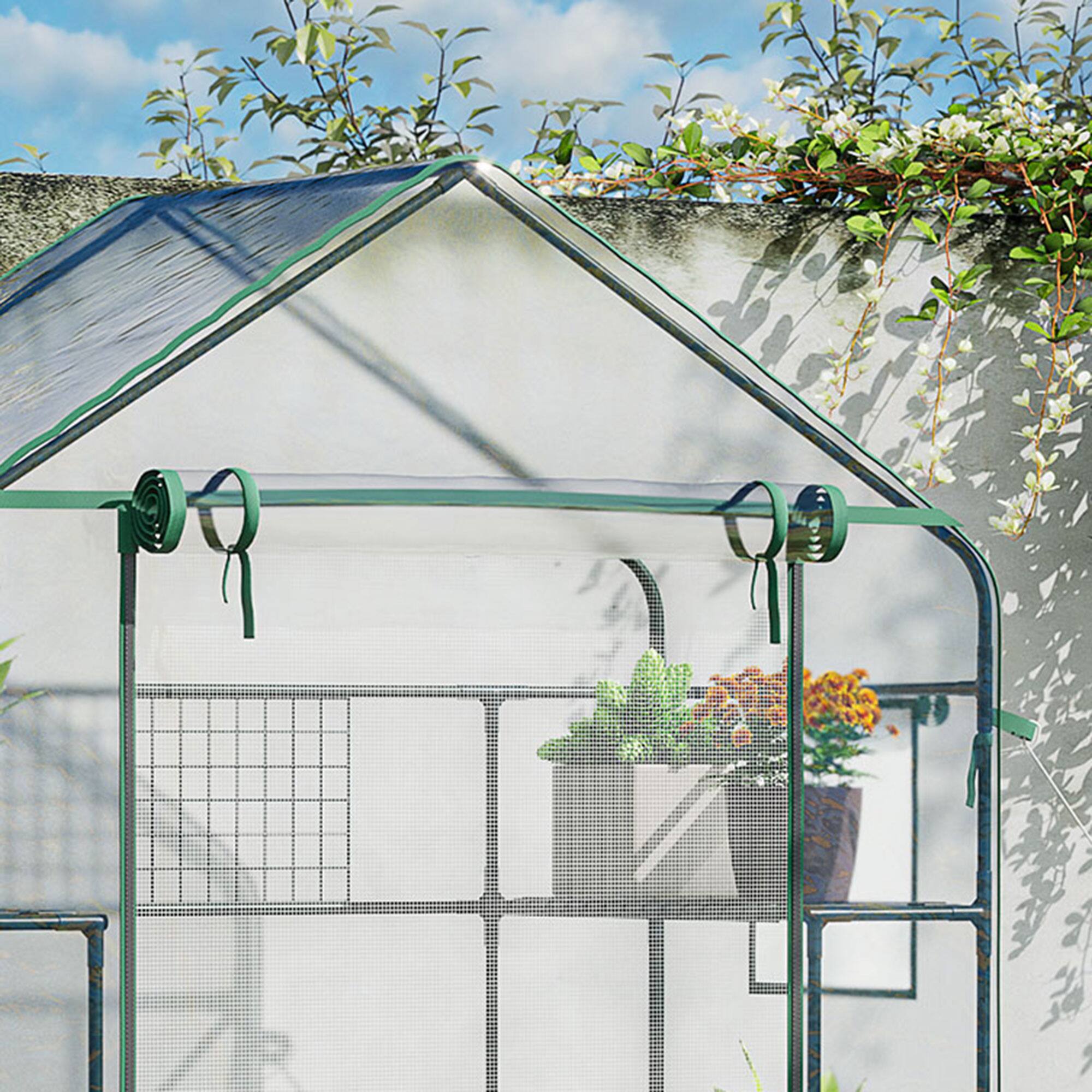 Angle. TinyHomie - Outdoor Walk-in Mini Greenhouse with Mesh Door and Windows Portable Garden Green House with 3 Tiers 6 Shelves Trellis.