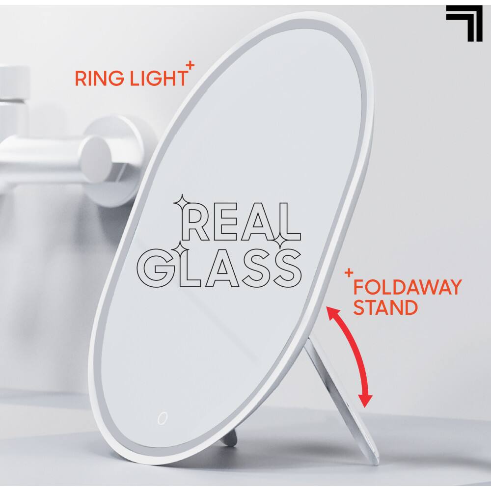 The text on the image reads "RING LIGHT REAL GLASS FOLDAWAY STAND".