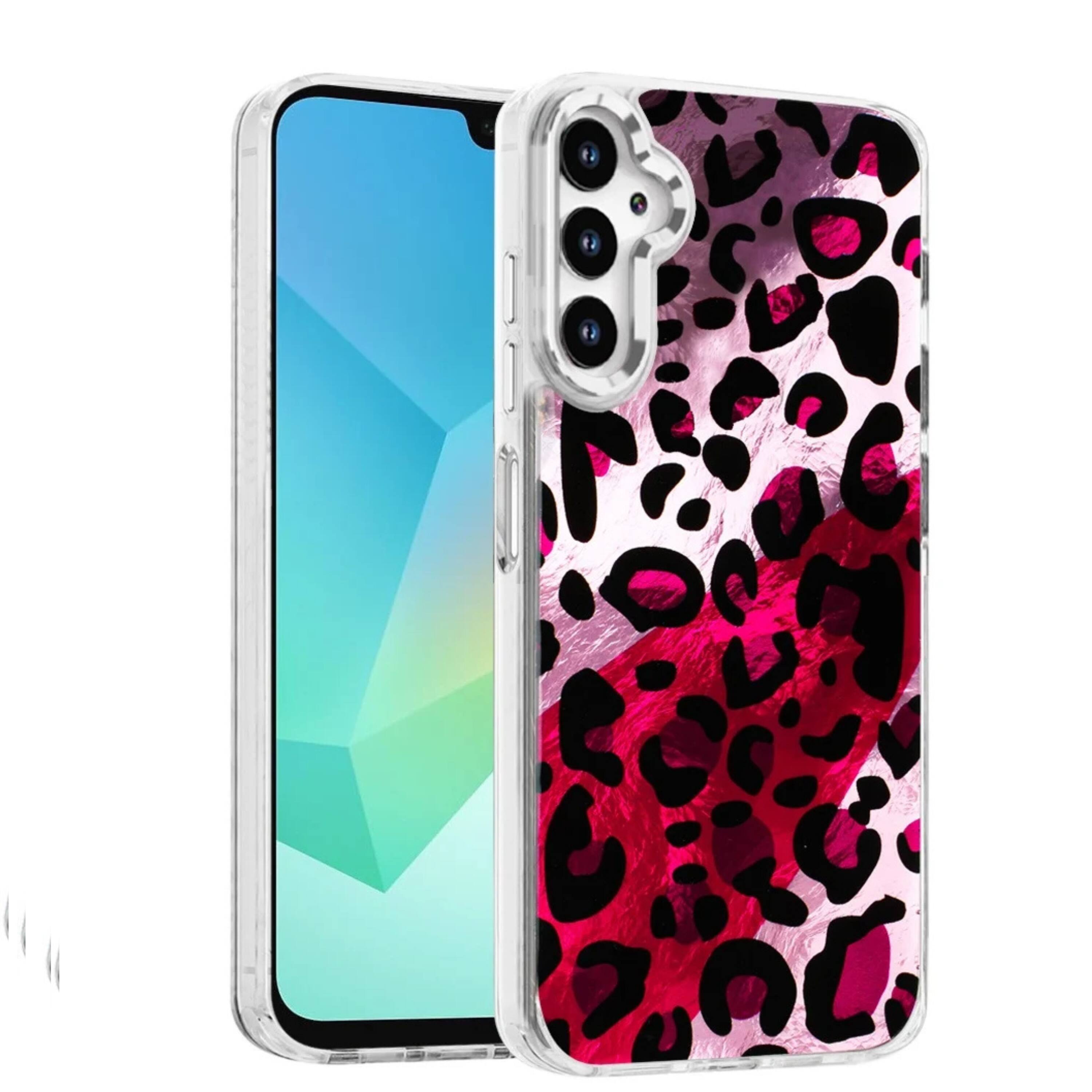 Angle. Kitcheniva - Cute In Mold Design Phone Case With Metallic Buttons And Tempered Glass For Samsung A16 5G Pink Pattern - Pink.