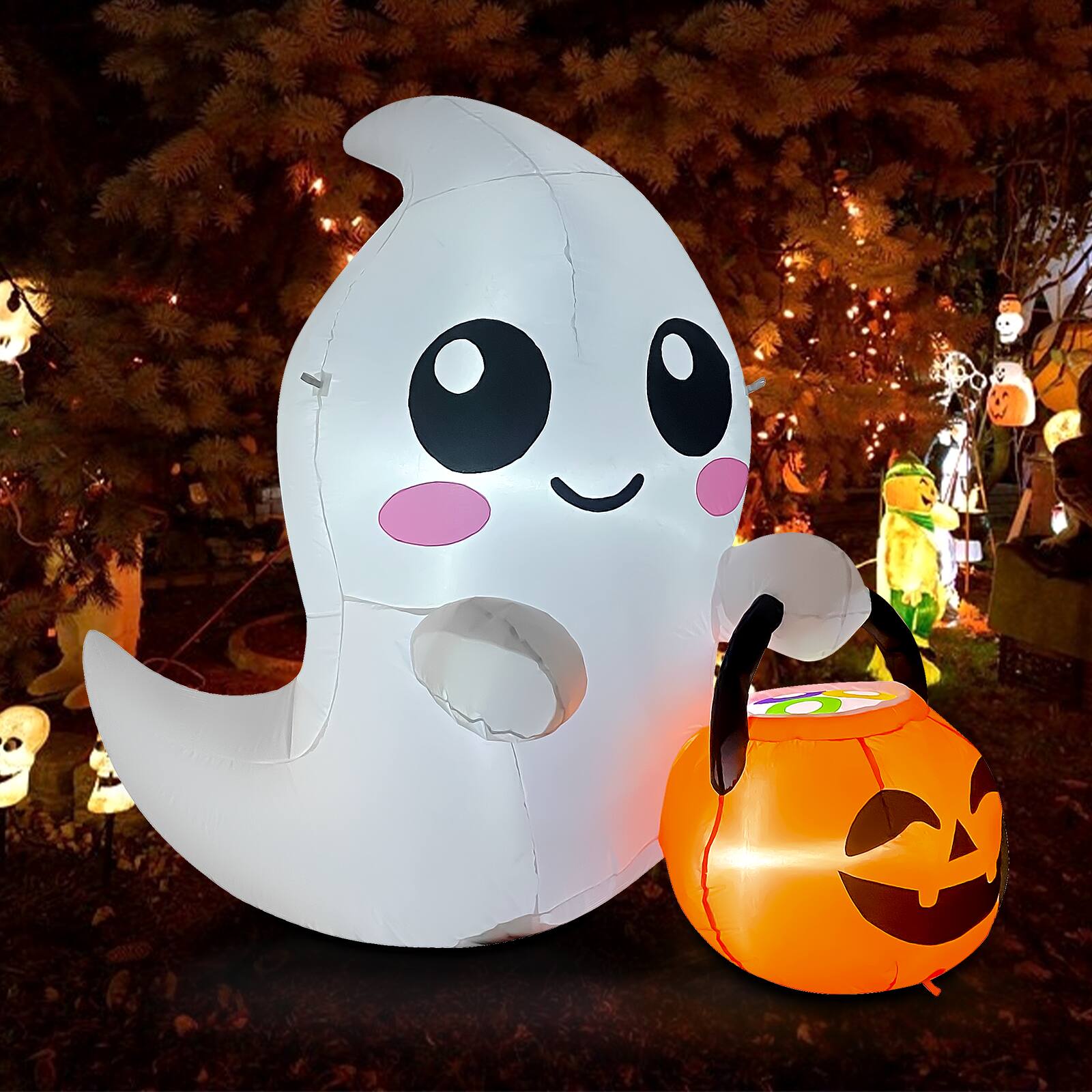 Angle. GOOSH Inflatables - GOOSH 5FT Inflatable Cute Ghost with Pumpkin Bucket – Light-Up Halloween Yard Decoration - White.