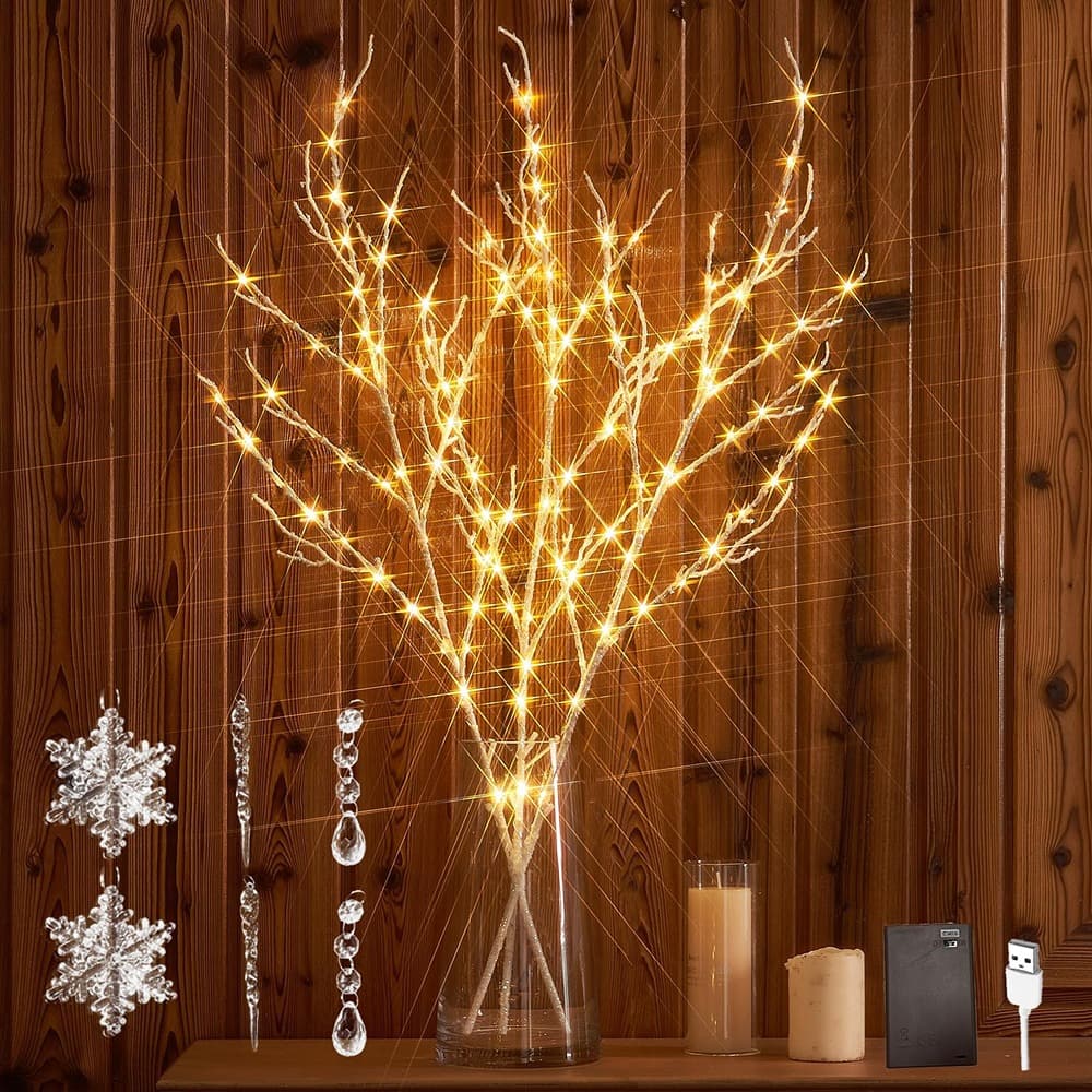 ACJPR - Lighted Twig Branches – 32", 120 LED, White, USB/Battery, Timer - Warm White
