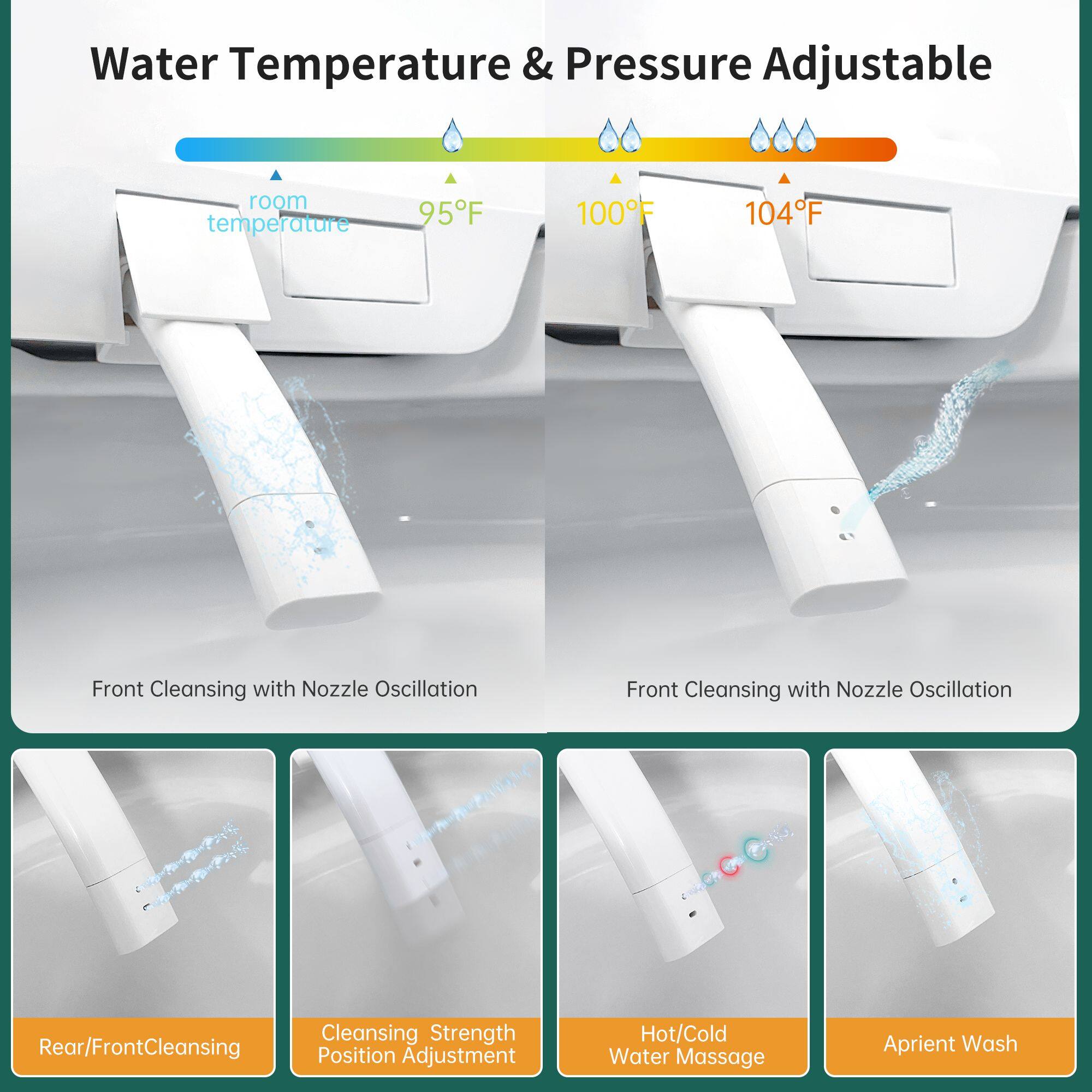 Water Temperature & Pressure Adjustable

- room temperature
- 95°F
- 100°F
- 104°F

Front Cleansing with Nozzle Oscillation

Rear/Front Cleansing

Cleansing Strength Position Adjustment

Hot/Cold Water Massage

Aprient Wash