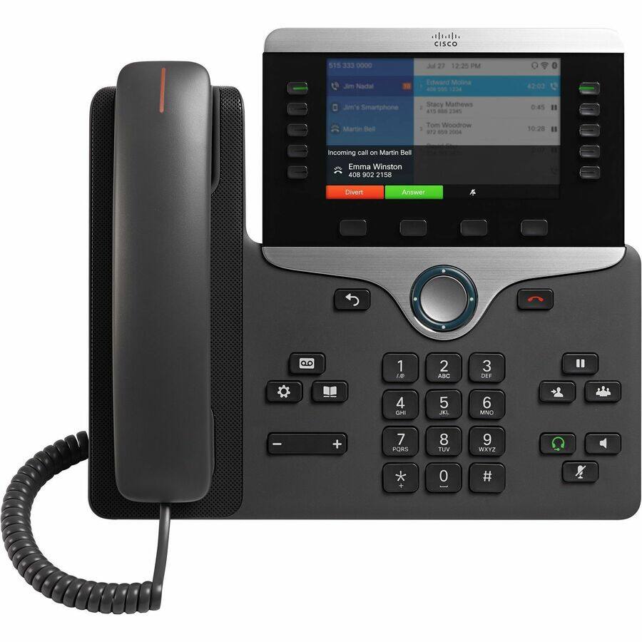 CISCO 515  
333 0000  
J 27 12:25 PM  
Jim Nadal  
Edward Molina - 1234 42:00  
Stacy Mathews - 2345 0:45  
Martin Bel  
Tom Woodrow 972 2004 10:28  
Incoming call on Martin Bel  
Emma Winston 400 902 2158  
Divert Answer  

1 ABC  
2 DEF  
3 GHI  
4 JKL  
5 MNO  
6 PQRS  
7 TUV  
8 WXYZ  
9 +  
0 #