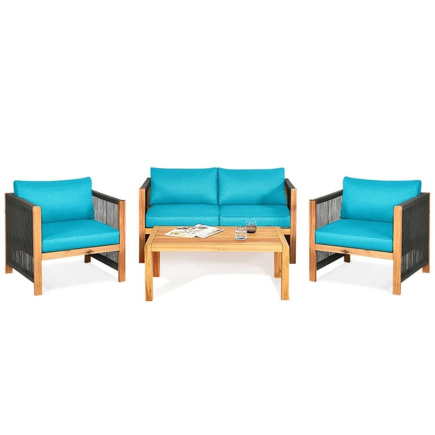 Back. Kadyn - 4 Outdoor Acacia Wood patio conversation sets Sunroom Furniture Indoor Sectional Garden Seating Groups - Blue.