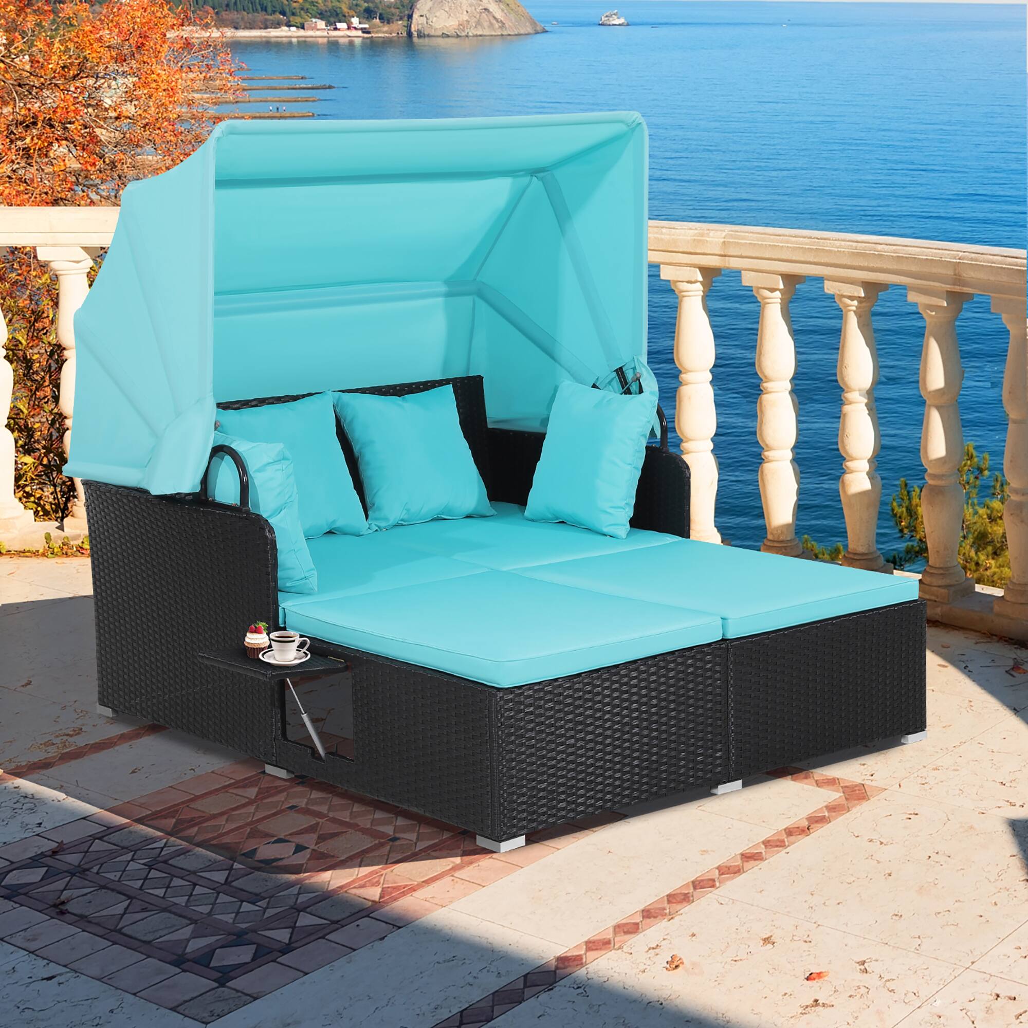 Alt View 2. Gymax - Gymax Patio Hand-Woven PE Wicker Daybed Outdoor Loveseat Sofa Set w/ Turquoise Cushions - Turquoise.