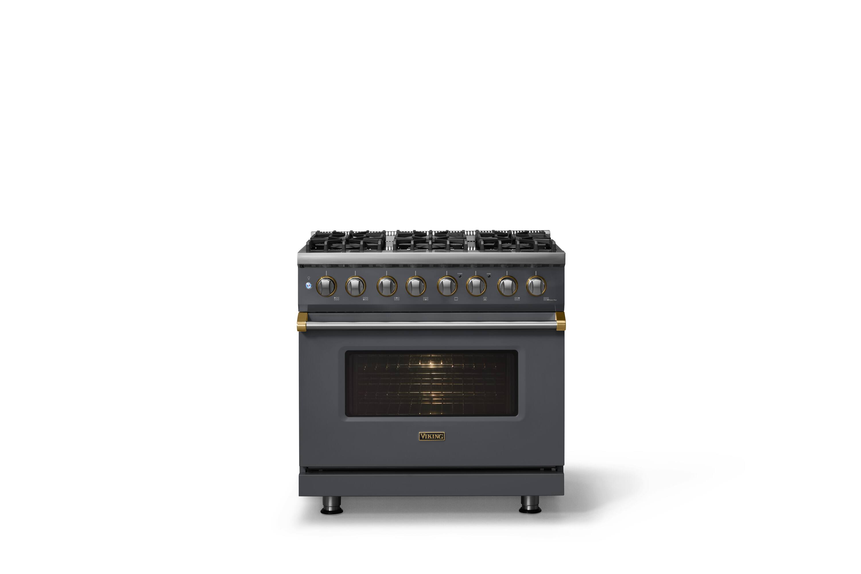 Alt View 1. Viking - 36 in. Wide 6 Burner Pro 5 Series 5.6 Cu. Ft. Freestanding Sealed DF Convection Range - Cast Black w. Brushed Brass Trim - Cast Black.