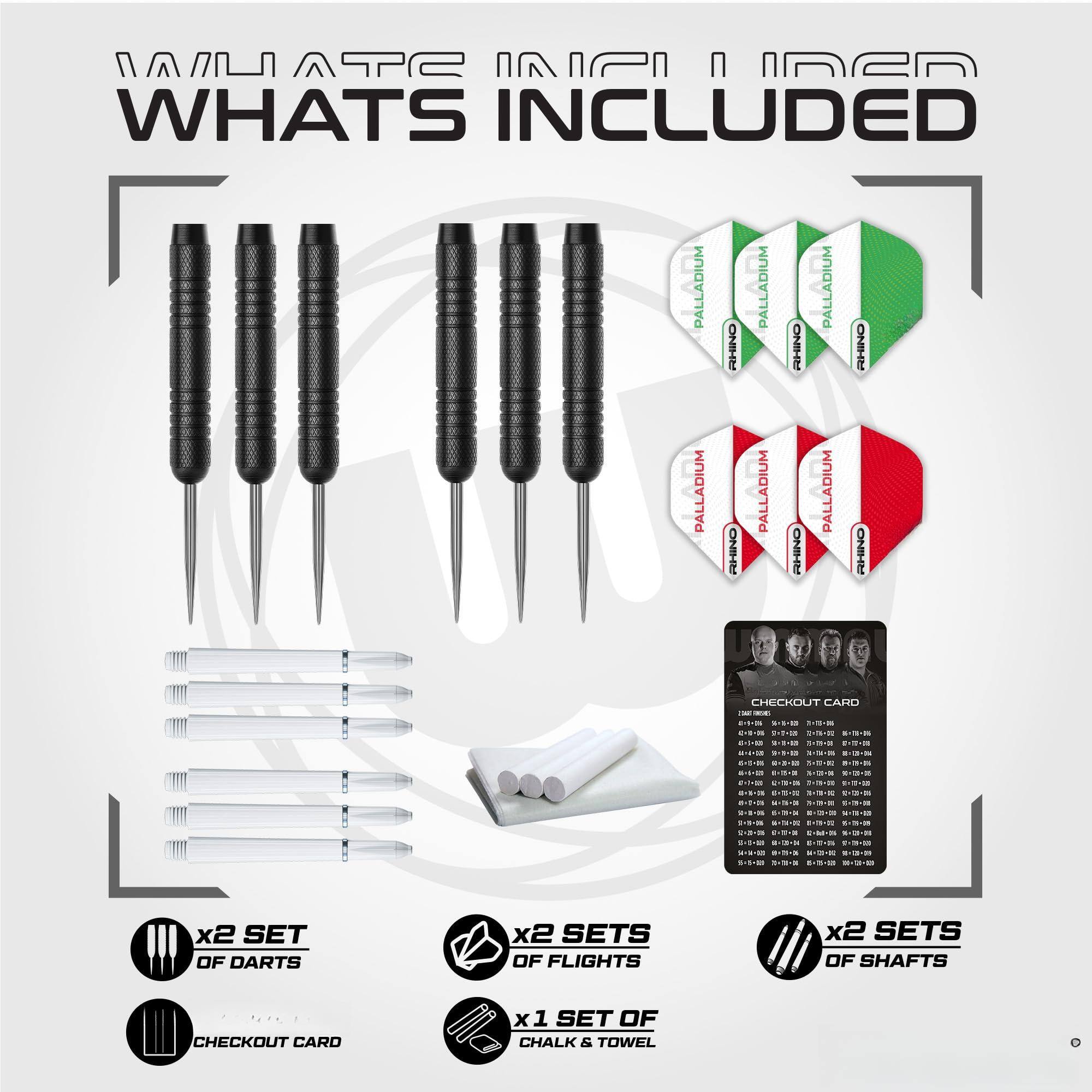 **WHAT'S INCLUDED**

- x2 SET OF DARTS
- x2 SETS OF FLIGHTS
- x2 SETS OF SHAFTS
- CHECKOUT CARD
- x1 SET OF CHALK & TOWEL