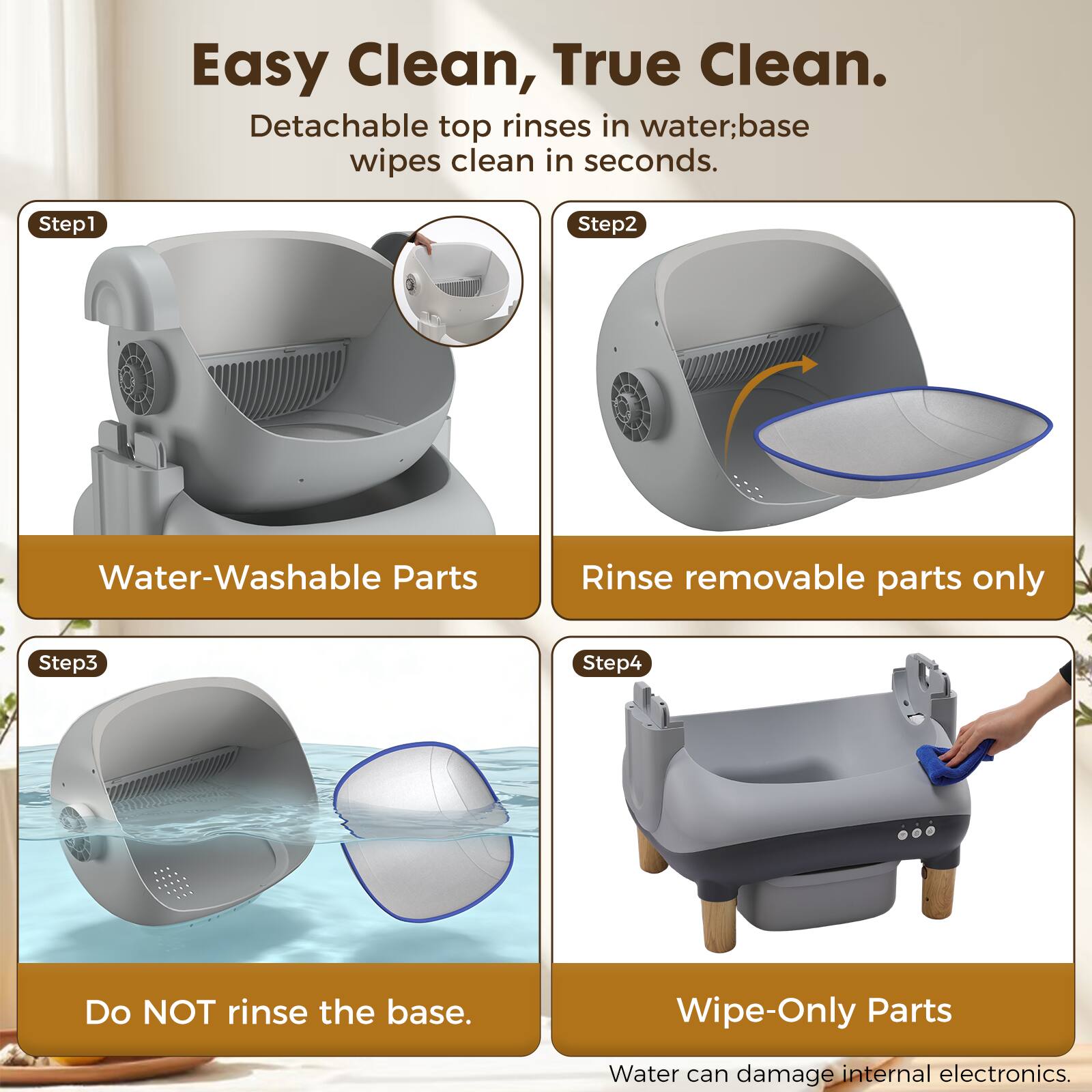 Easy Clean, True Clean.  
Detachable top rinses in water; base wipes clean in seconds.  

Step 1: Water-Washable Parts  
Rinse removable parts only  

Step 2: Do NOT rinse the base.  

Step 3: Wipe-Only Parts  
Water can damage internal electronics.