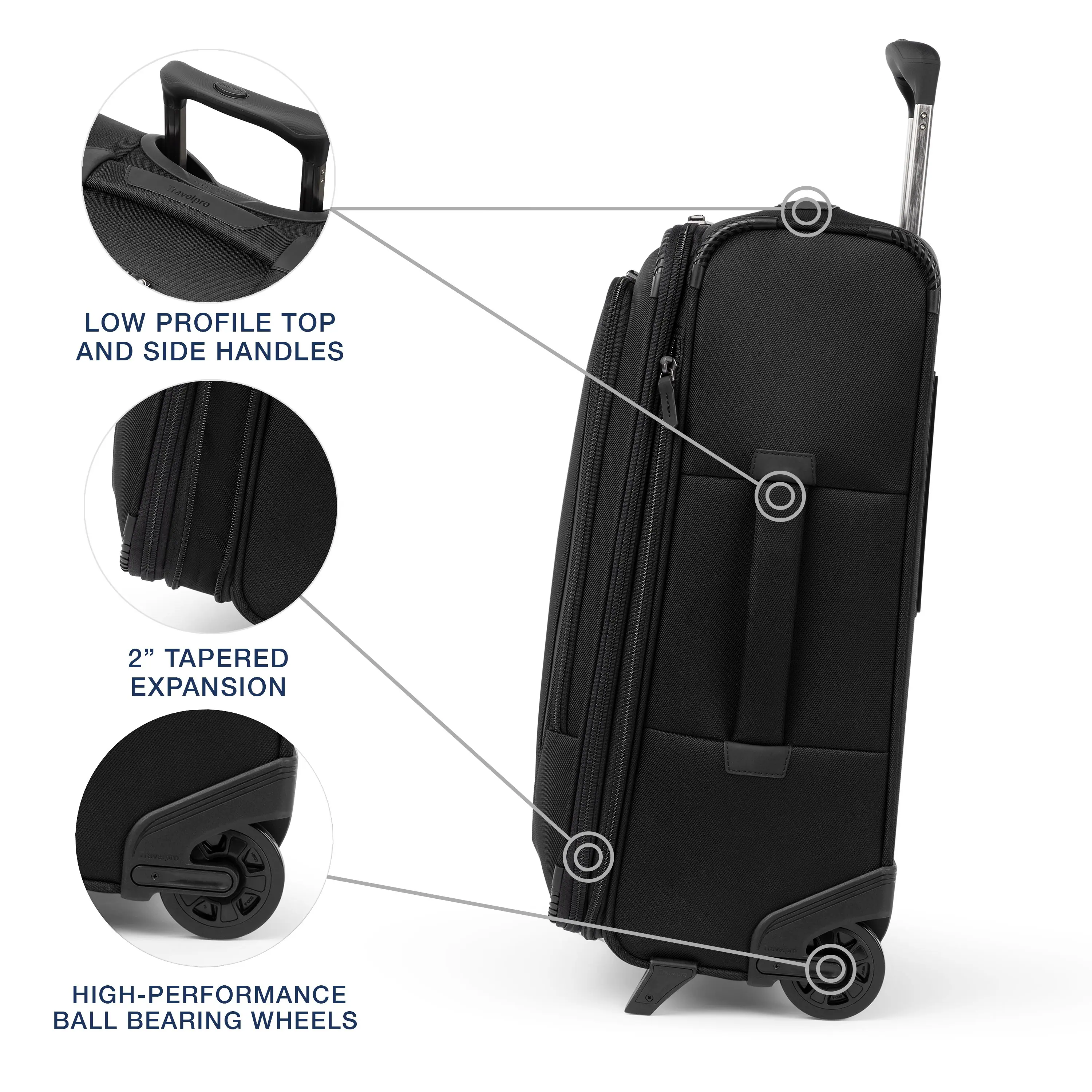 - LOW PROFILE TOP AND SIDE HANDLES
- 2" TAPERED EXPANSION
- HIGH-PERFORMANCE BALL BEARING WHEELS