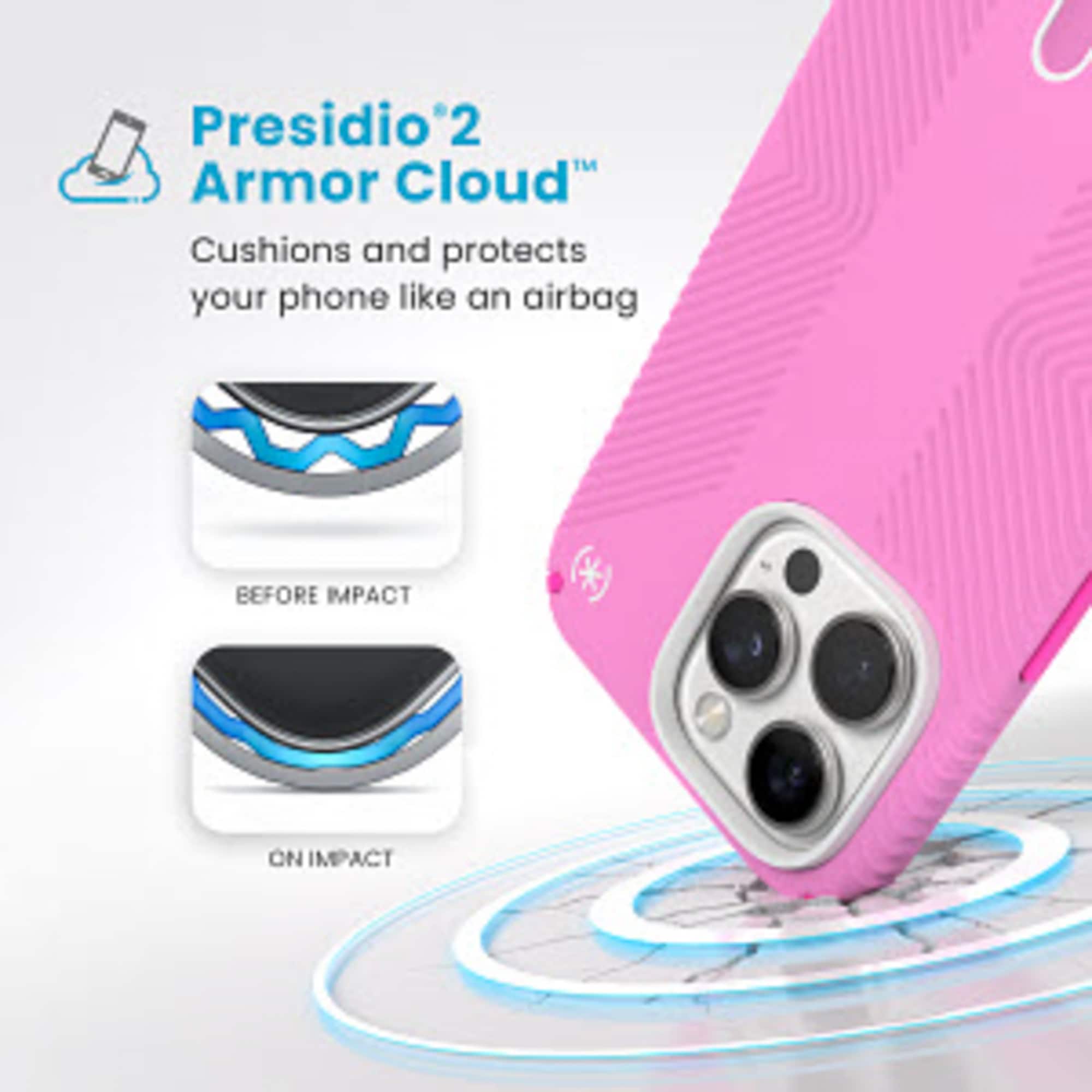 Presidio 2 Armor Cloud: Cushions and protects your phone like an airbag. Before impact. On impact.