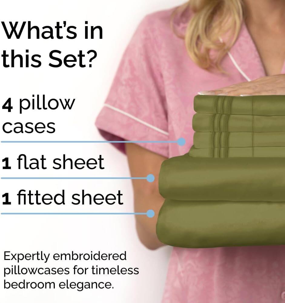 What's in this Set?

- 4 pillow cases
- 1 flat sheet
- 1 fitted sheet

Expertly embroidered pillowcases for timeless bedroom elegance.