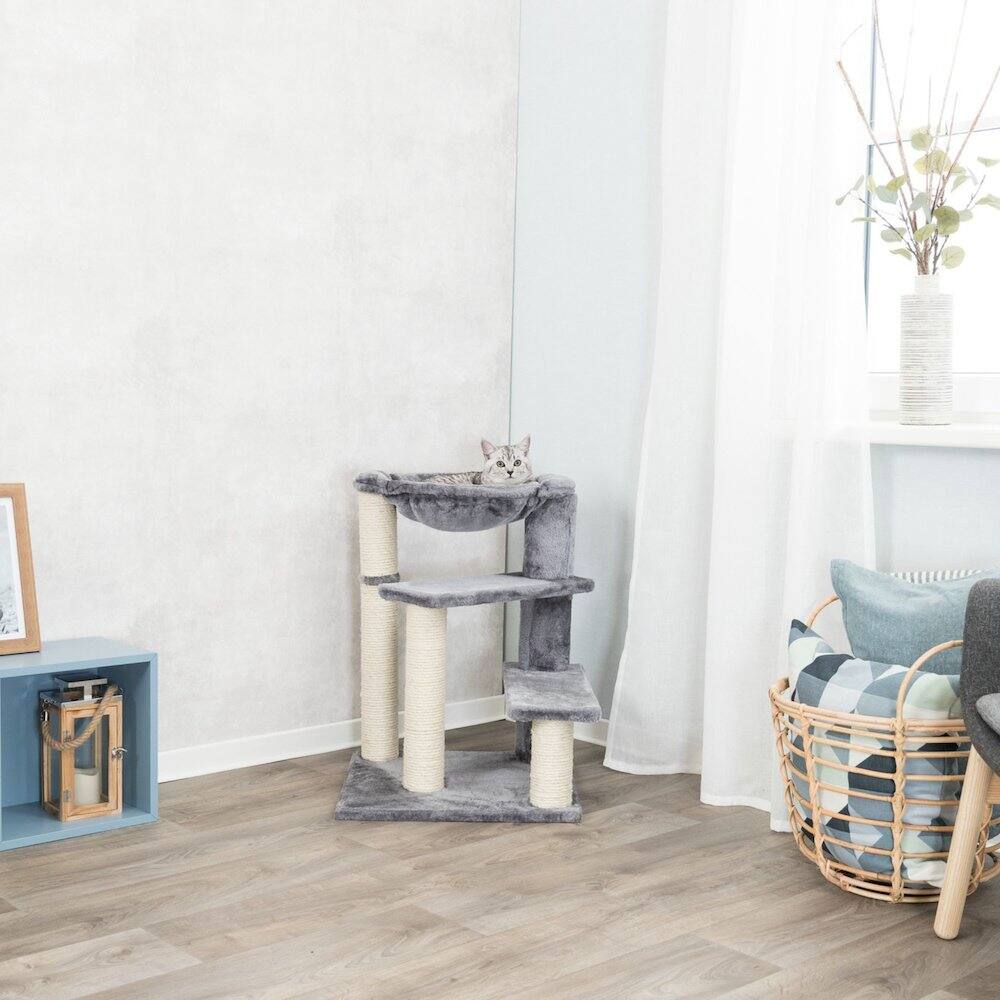 Angle. TRIXIE - Baza Senior Plush & Sisal Cat Tree Scratching Posts Hammock & Steps, - Gray.