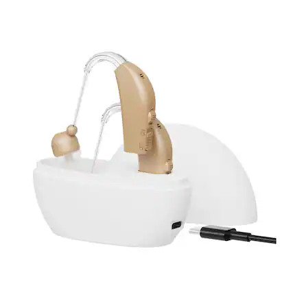 Front. MEDca - Digital Hearing Amplifier Set - Personal Sound Amplification Device, Rechargeable All-Day Battery Life by MEDca - Beige.
