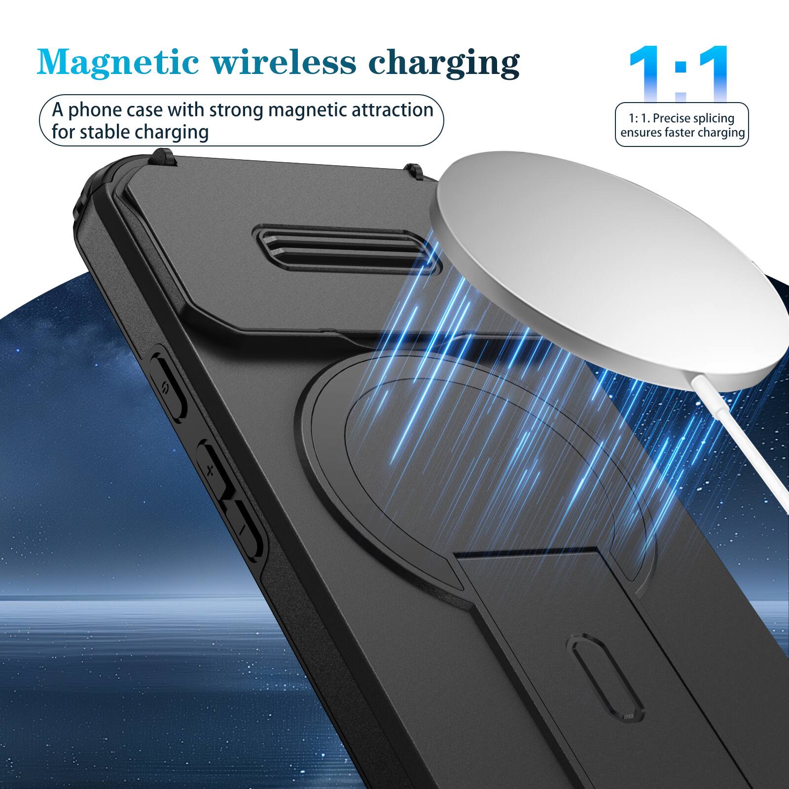 Magnetic wireless charging

A phone case with strong magnetic attraction for stable charging

1:1

1:1. Precise splicing ensures faster charging