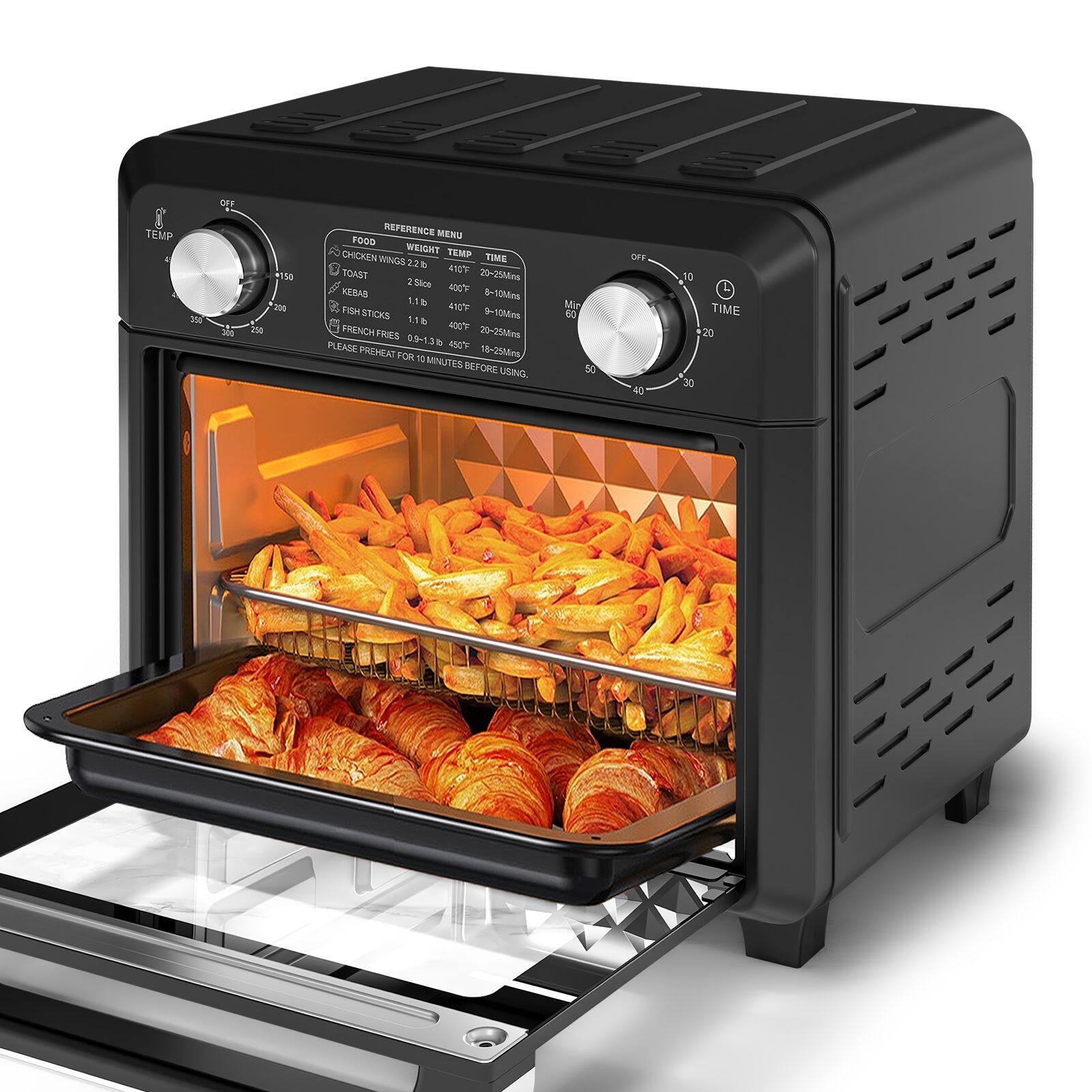 OFF TEMP 300 M 1M 200 2ns REFERENCE MENU FOOD WESGNT TEMP CHICKEN WINGS TIME 226 E AICT TOAST 20 25Mlmn 2 25kca KEBAS 450T 1.1 810Mmg & SH 410 STics 10Mins 11% FRENCH SG FHES 20-25Mins PLEASE 513h GACT PREHEAT FOR 1O 18~25m OMNUTES BEFORE USING Min de 50 OFF 43 10 TIME 20 30