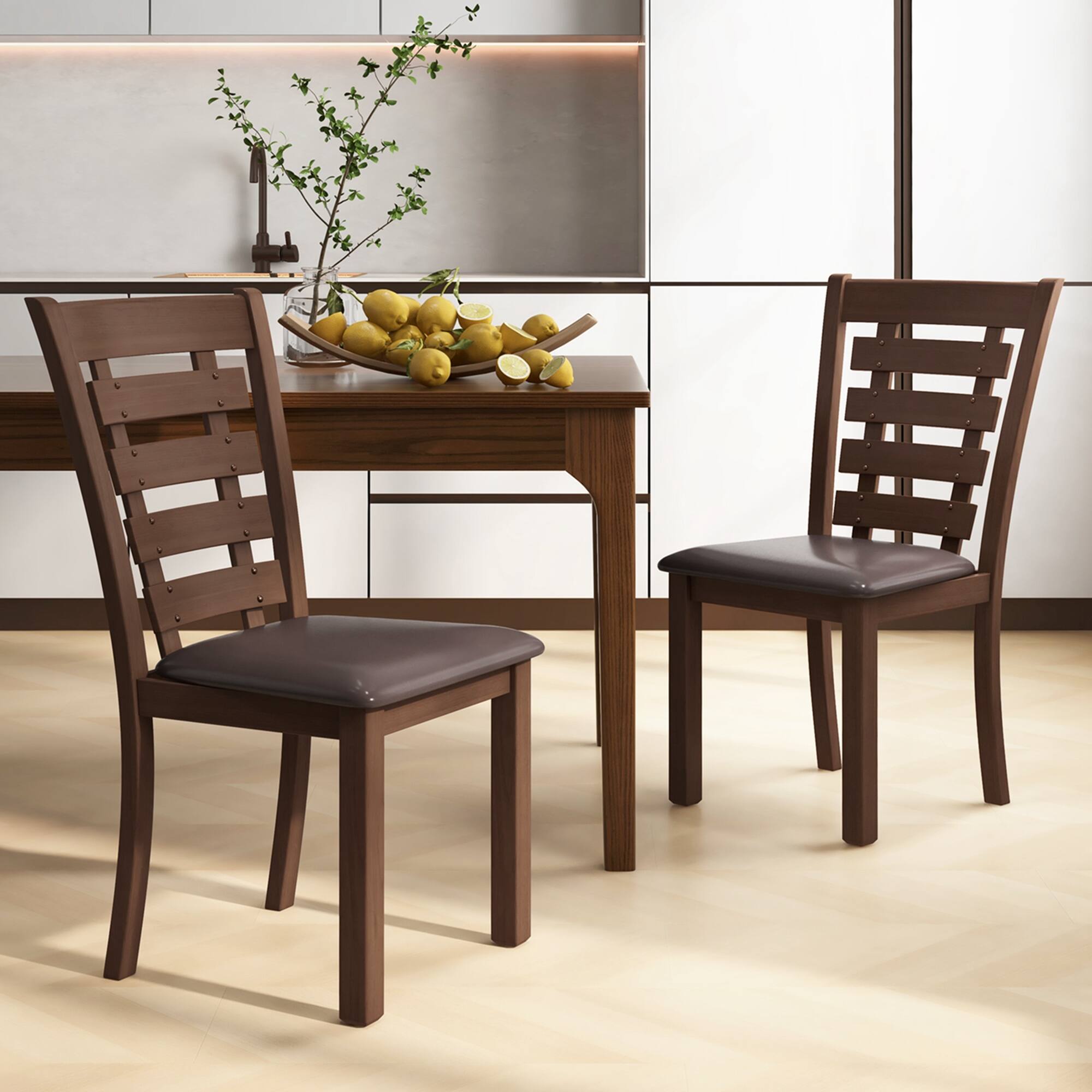 Back. Costway - Wooden Dining Chairs Set of 2 with Upholstered Seat & Rubber High Back - Brown.