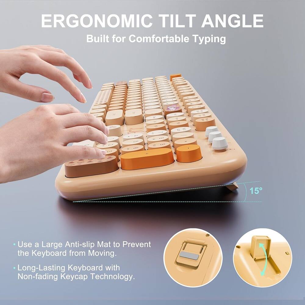 ERGONOMIC TILT ANGLE  
Built for Comfortable Typing  

- Use a Large Anti-slip Mat to Prevent the Keyboard from Moving.  
- Long-Lasting Keyboard with Non-fading Keycap Technology.