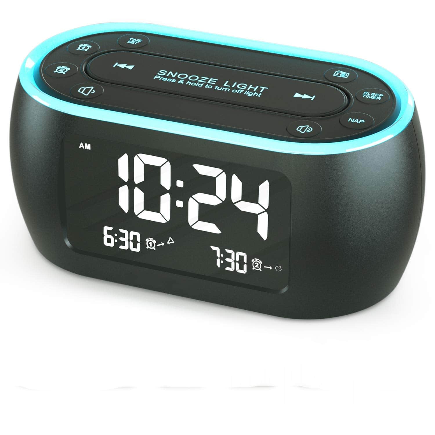 Dazzed Corner - Alarm Clock Radio with 7 Color Night Light,USB Charger, Battery Backup - Black