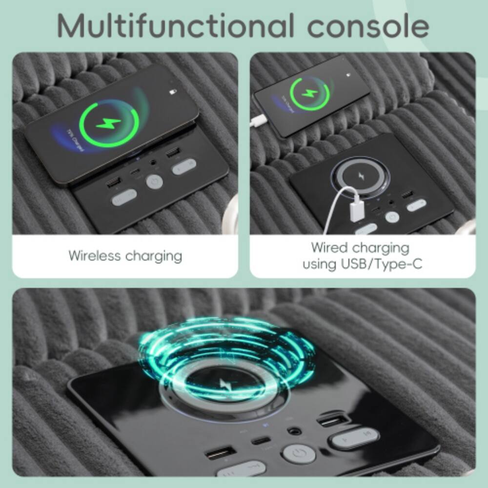 Multifunctional console

Wireless charging

Wired charging using USB/Type-C