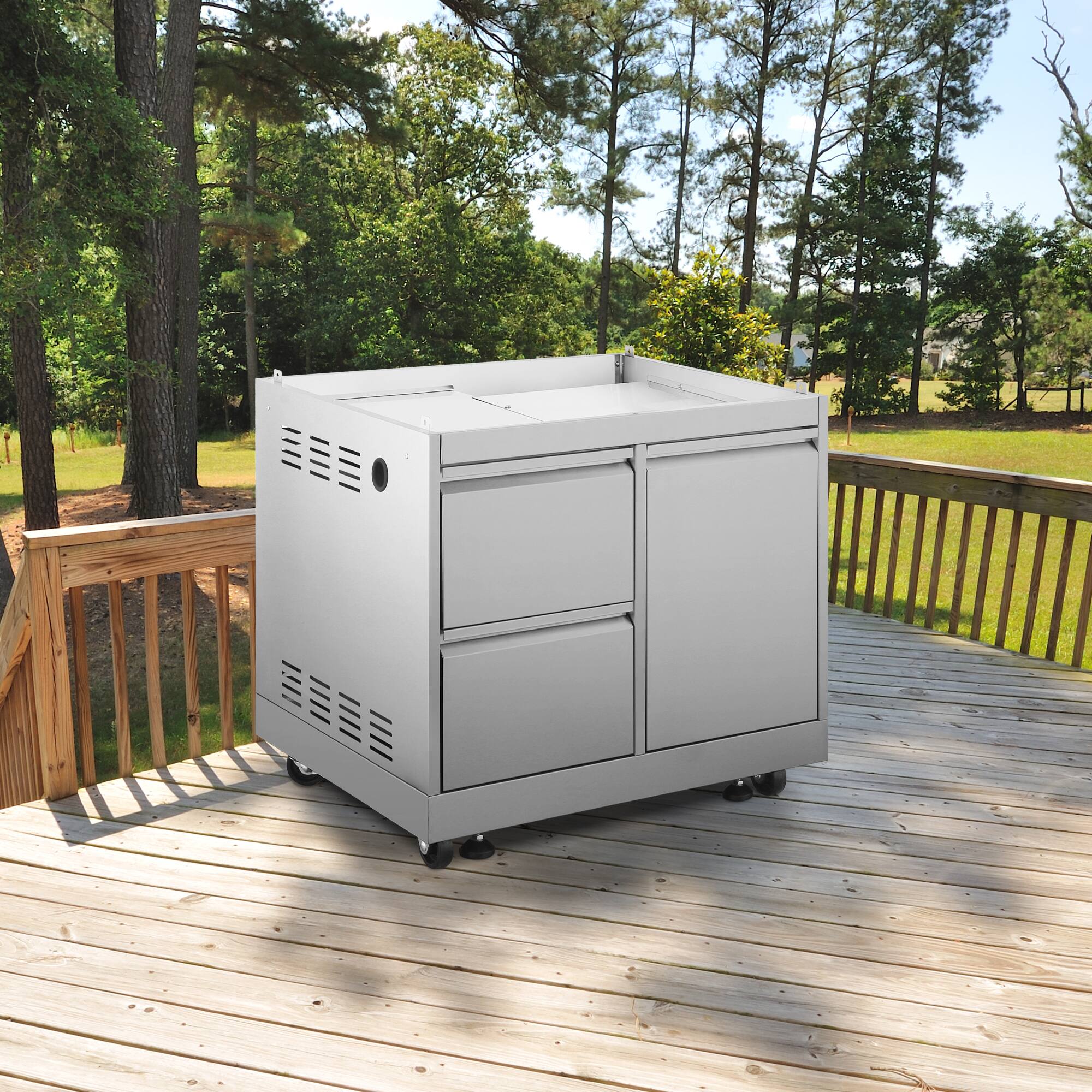Angle. COSMO - COS-GCN323SS 32 in. Newport Collection Grill Cabinet with Drawers, Tank Mount, Soft Roll Casters - Stainless Steel.