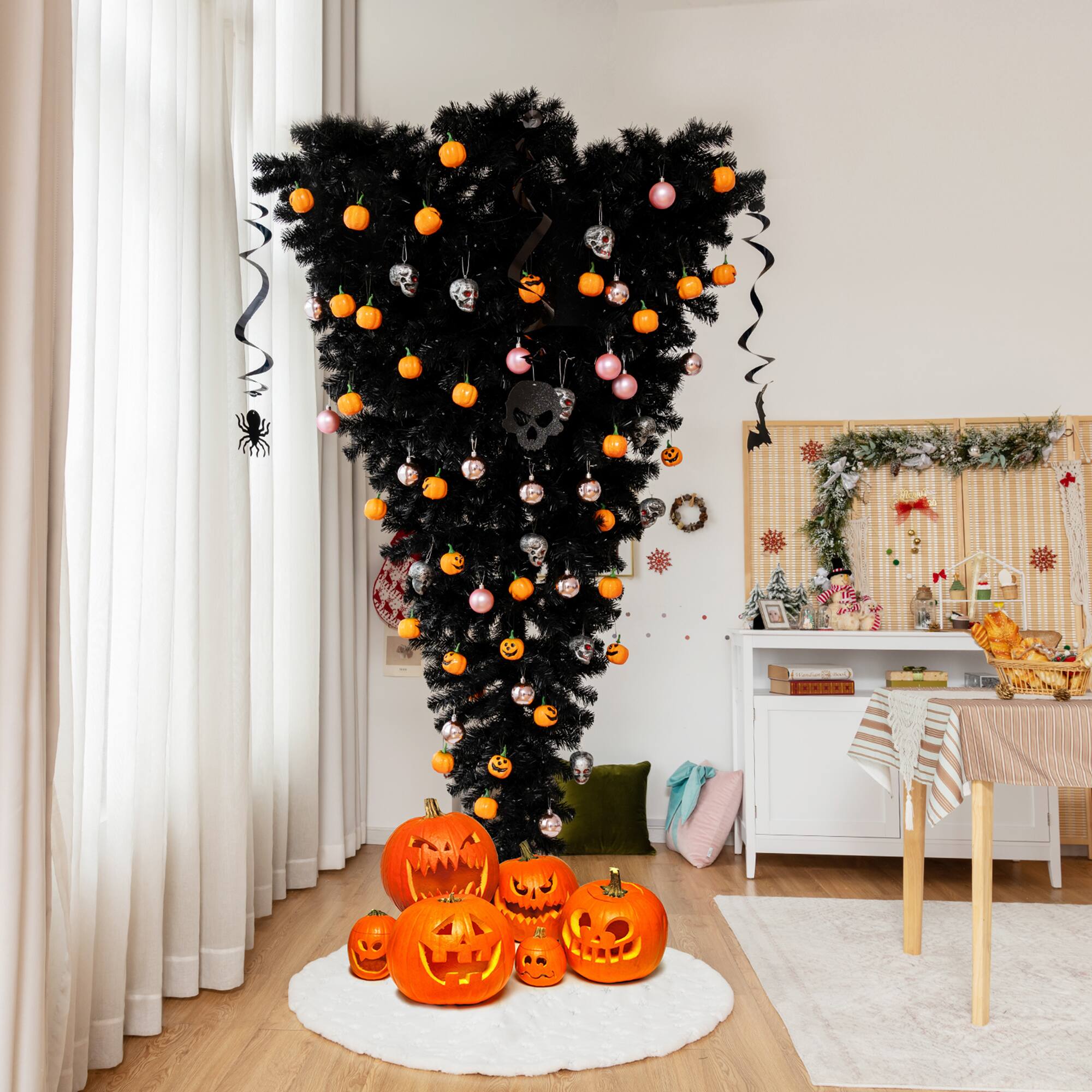 Alt View 5. Gymax - Gymax 6FT Pre-lit Upside Down Black Halloween Tree Artificial Christmas Tree - Black.
