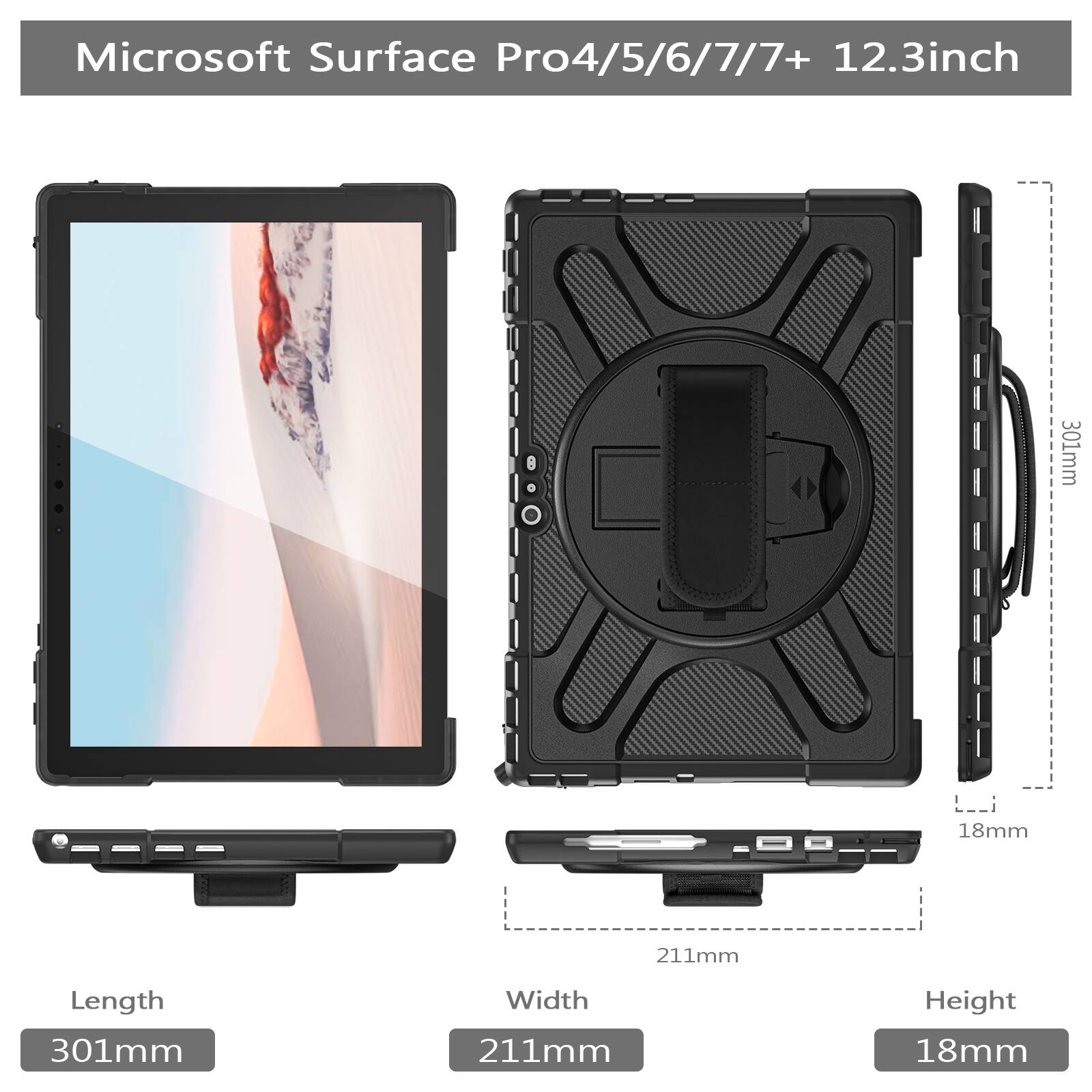 Microsoft Surface Pro4/5/6/7/7+ 12.3inch

Length: 301mm  
Width: 211mm  
Height: 18mm