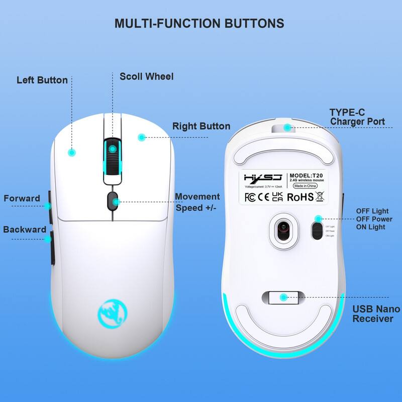 MULTI-FUNCTION BUTTONS

- Left Button
- Scroll Wheel
- Right Button
- Forward
- Backward

TYPE-C Charger Port

MODEL: T20

2.4G wireless mouse

Voltage: 3.7V (120mAh)

Made in China

USB Nano Receiver

Movement Speed +/-

OFF Light

OFF Power

ON Light

CE

RoHS

UK