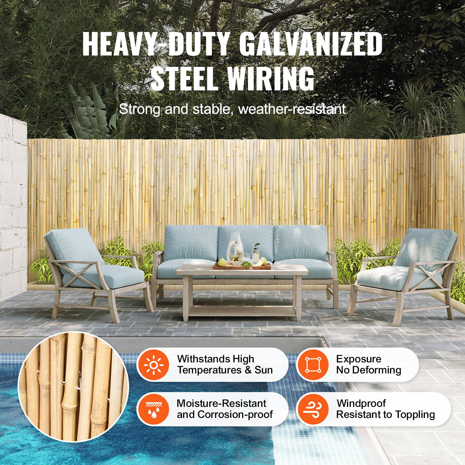 HEAVY DUTY GALVANIZED STEEL WIRING  
Strong and stable, weather-resistant  

- Withstands High Temperatures & Sun  
- Exposure No Deforming  
- Moisture-Resistant and Corrosion-proof  
- Windproof Resistant to Toppling