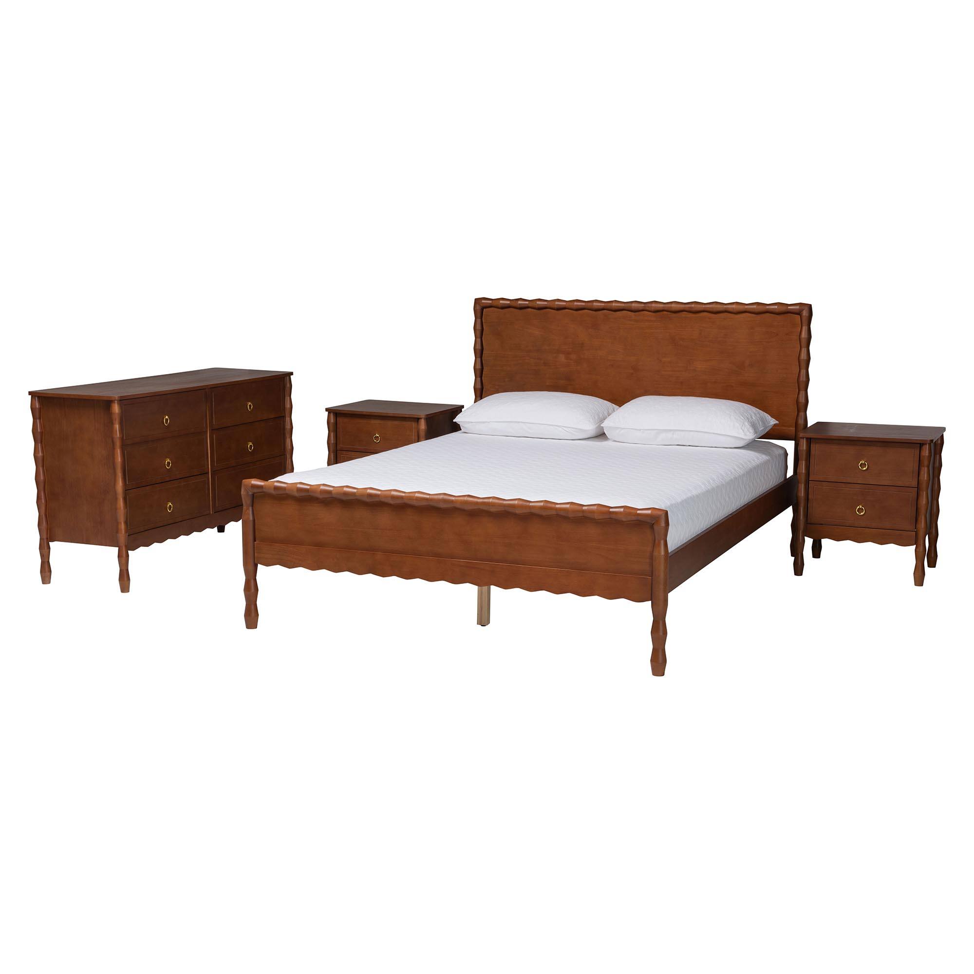 Baxton Studio - Seamus 4-Piece Bedroom Set with 2 Nightstands, Queen - Walnut Brown