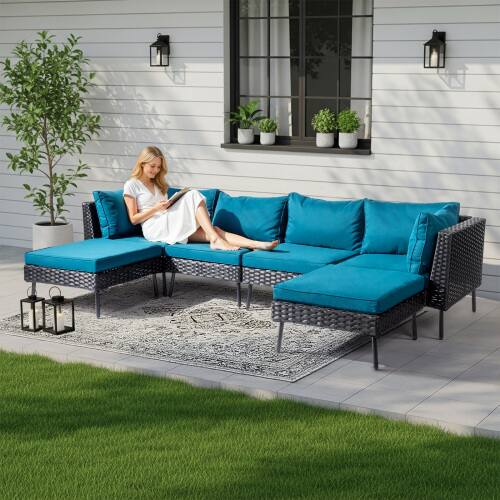 Alt View 10. Winado - 6PCS Patio Rattan Wicker Furniture Set with Ottoman, Pillow, Cushions Sectional Sofa Conversation Set for Indoor Outdoor - Black & Peacock Green Cushion.