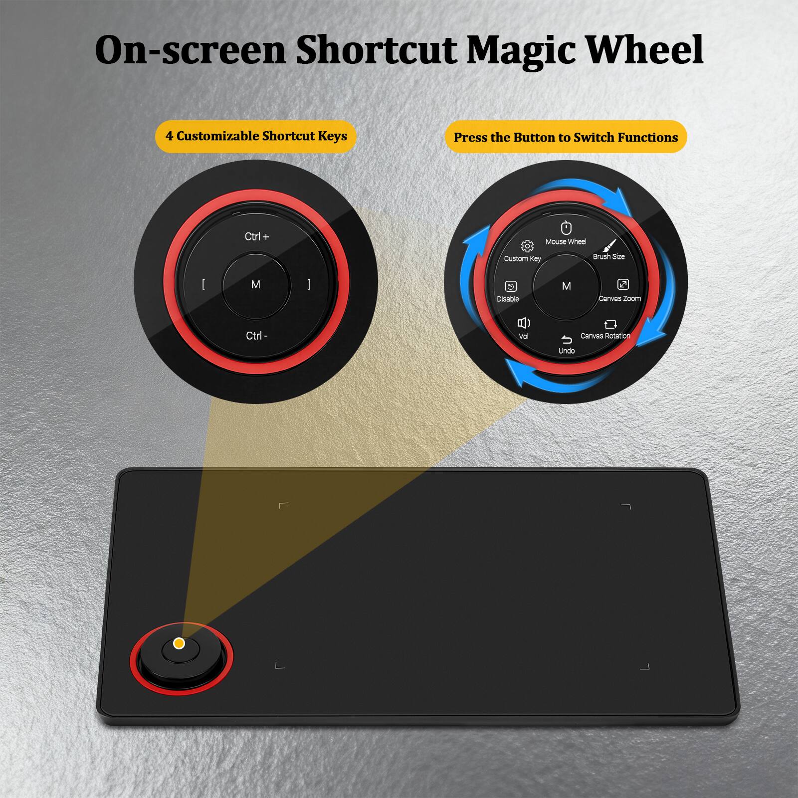 On-screen Shortcut Magic Wheel

4 Customizable Shortcut Keys

Press the Button to Switch Functions

Ctrl + Mouse Wheel

Custom Key

Disable

Canvas Zoom

Ctrl - Canvas Rotation