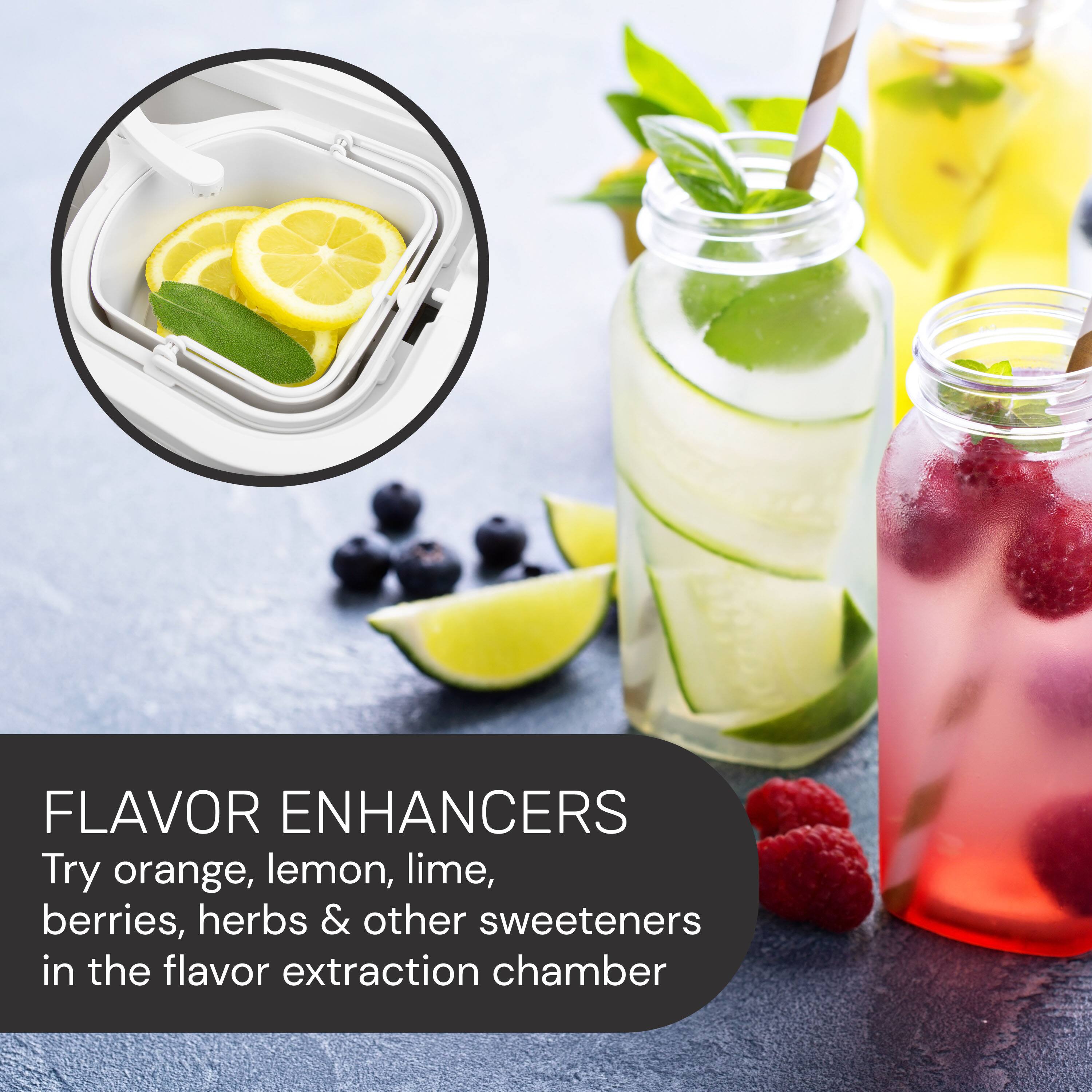 FLAVOR ENHANCERS

Try orange, lemon, lime, berries, herbs & other sweeteners in the flavor extraction chamber