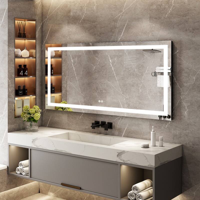 Angle. WELLFOR - 60 in W x28 in H Rectangular Frameless Anti-Fog LED Bathroom Vanity Mirror, Wall Mounted Mirror with Memory Function - Silver.