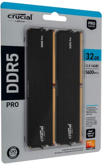 Crucial Pro 32GB (2x16GB) DDR5 5600MHz C46 UDIMM Desktop Memory Crucial Pro 32GB (2x16GB) DDR5 5600MHz C46 UDIMM Desktop Memory