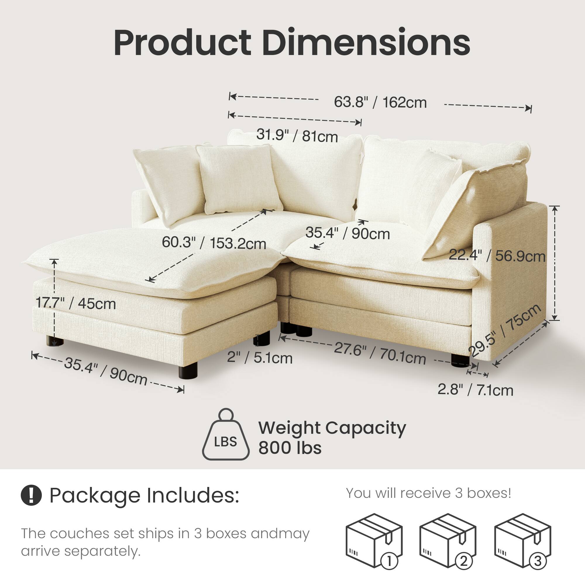 Product Dimensions  
63.8" / 162cm  
31.9" / 81cm  
60.3" / 153.2cm  
35.4" / 90cm  
22.4" / 56.9cm  
17.7" / 45cm  
35.4" / 90cm  
2" / 5.1cm  
27.6" / 70.1cm  
29.5" / 75cm  
2.8" / 7.1cm  

Weight Capacity  
800 lbs  

Package Includes:  
You will receive 3 boxes!  
The couches set ships in 3 boxes and may arrive separately.