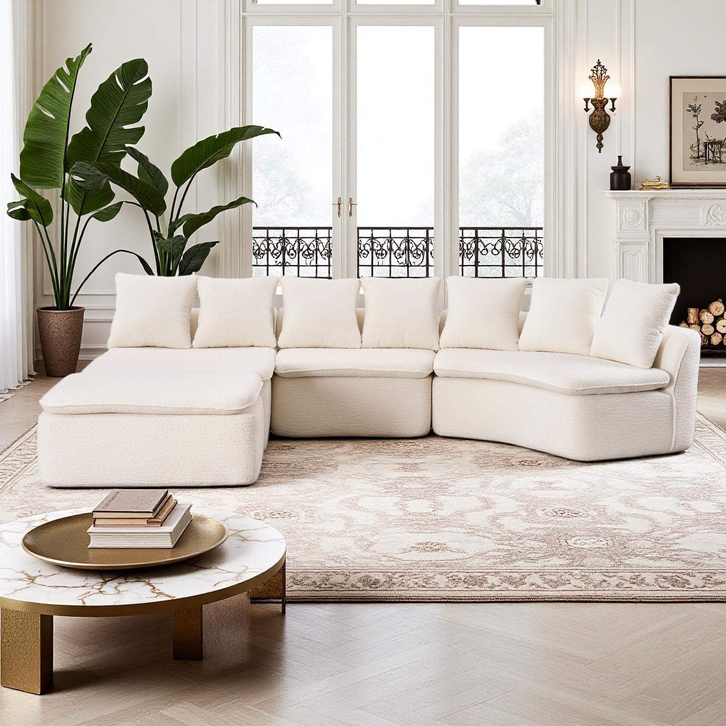 Alt View 1. Roomtec - 133 Modular UShaped Sectional Compression Sofa with Removable Recliner Module White Woodgrain Chenille Boneless Ideal - Milk White.